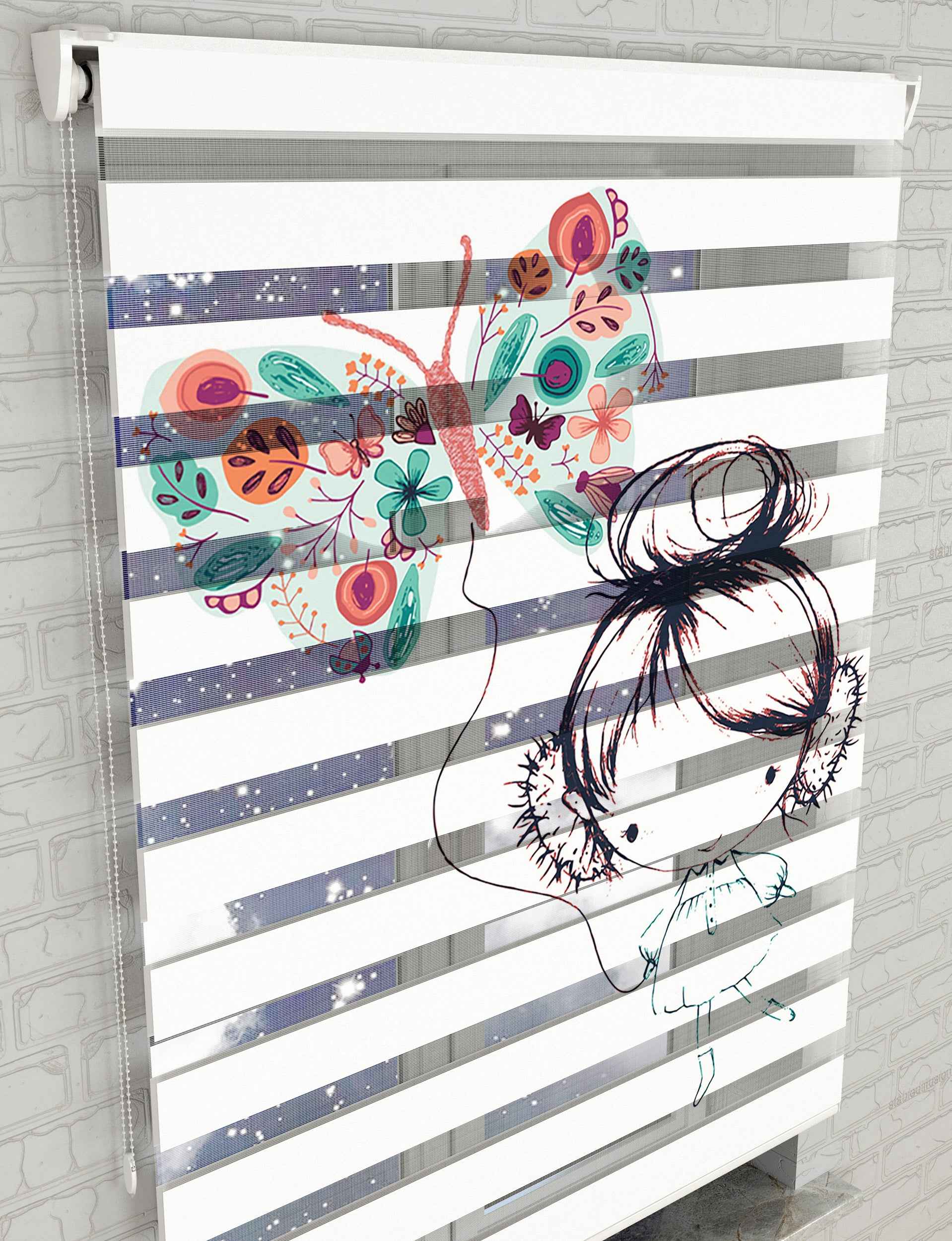 Renkli Kelebek Baskılı Zebra Perde - Bebek Odası Perdesi, Kız Çocuk Odası Perdesi - AD HOME Tekstil