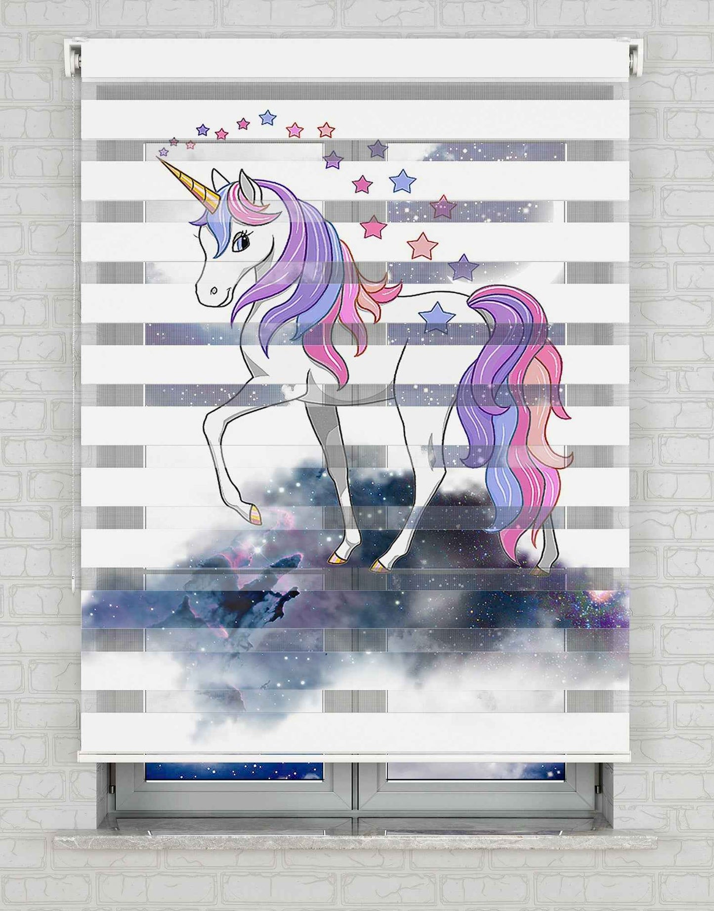 Unicorn ve Bulutlar Baskılı Zebra Perde - Kız Çocuk Odası Perdesi