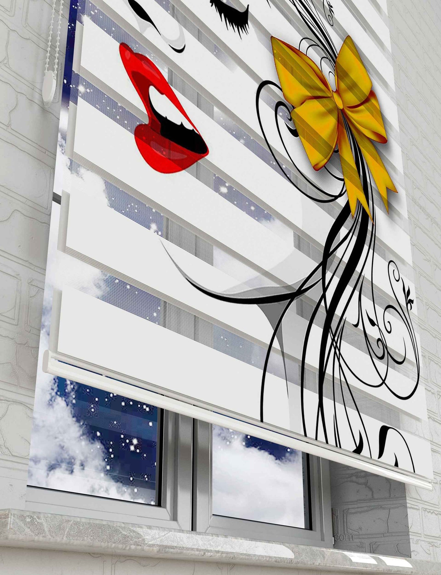 Sarı Tokalı Bayan Vector Baskılı Zebra Perde - Genç Odası Perdesi - AD HOME Tekstil