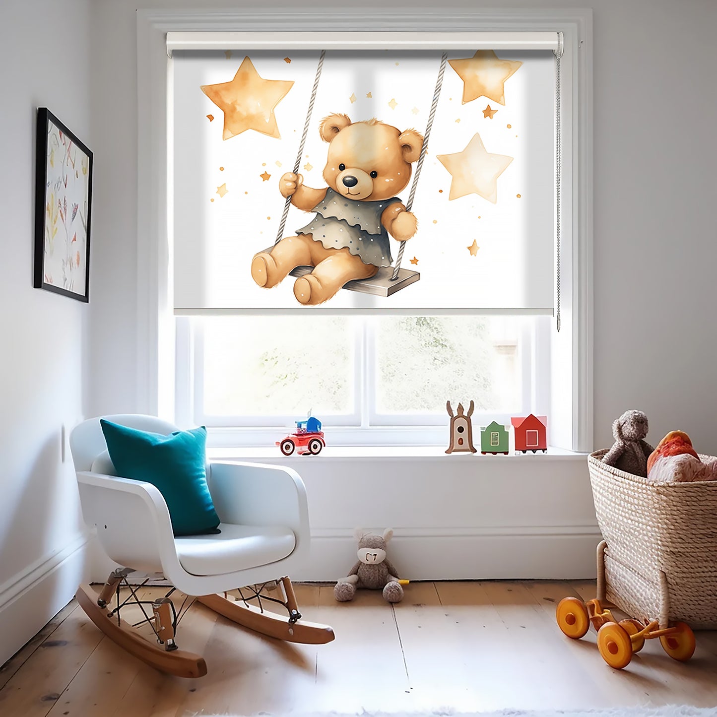 Salıncak Sevimli Ayıcık Baskılı Stor Perde - Bebek Odası Perde, Kız Çocuk Odası Perde - AD HOME Tekstil