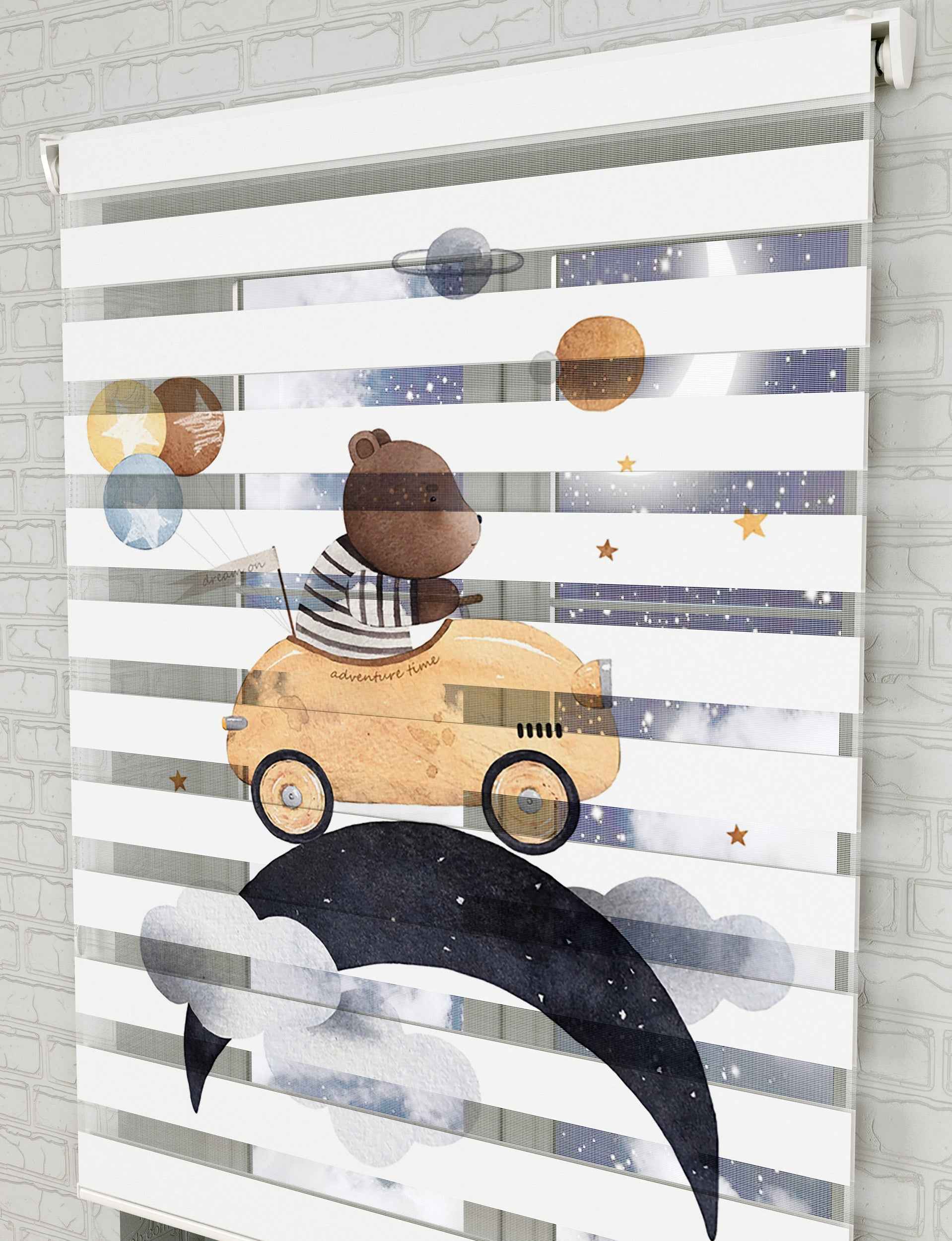 Sevimli Ayıcık Baskılı Zebra Perde - Bebek Odası Perdesi, Erkek Çocuk Odası Perdesi - AD HOME Tekstil