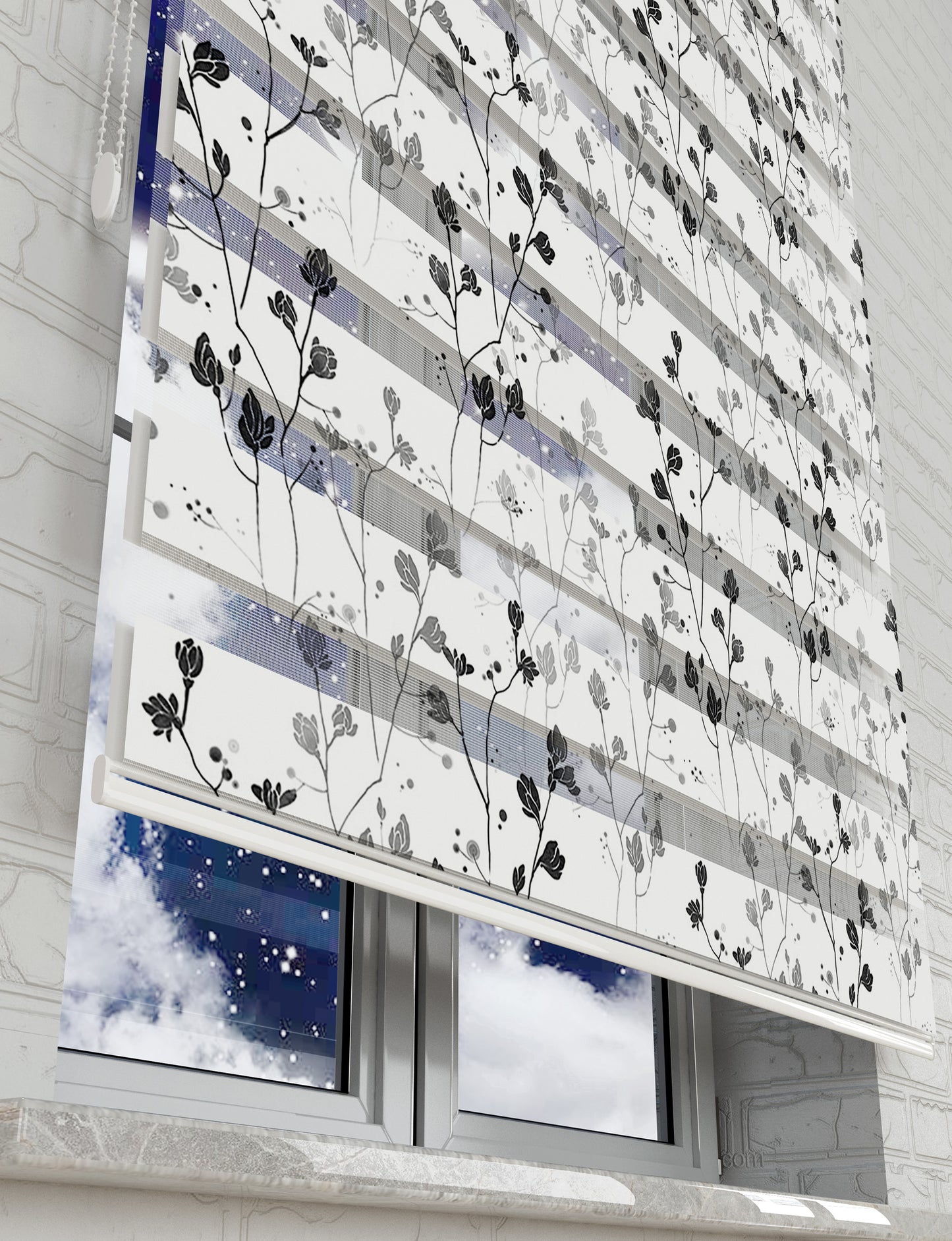 Gri Çiçekler Baskılı Zebra Perde - Mutfak Perdesi, Salon Perdesi, Yatak Odası Perdesi - AD HOME Tekstil