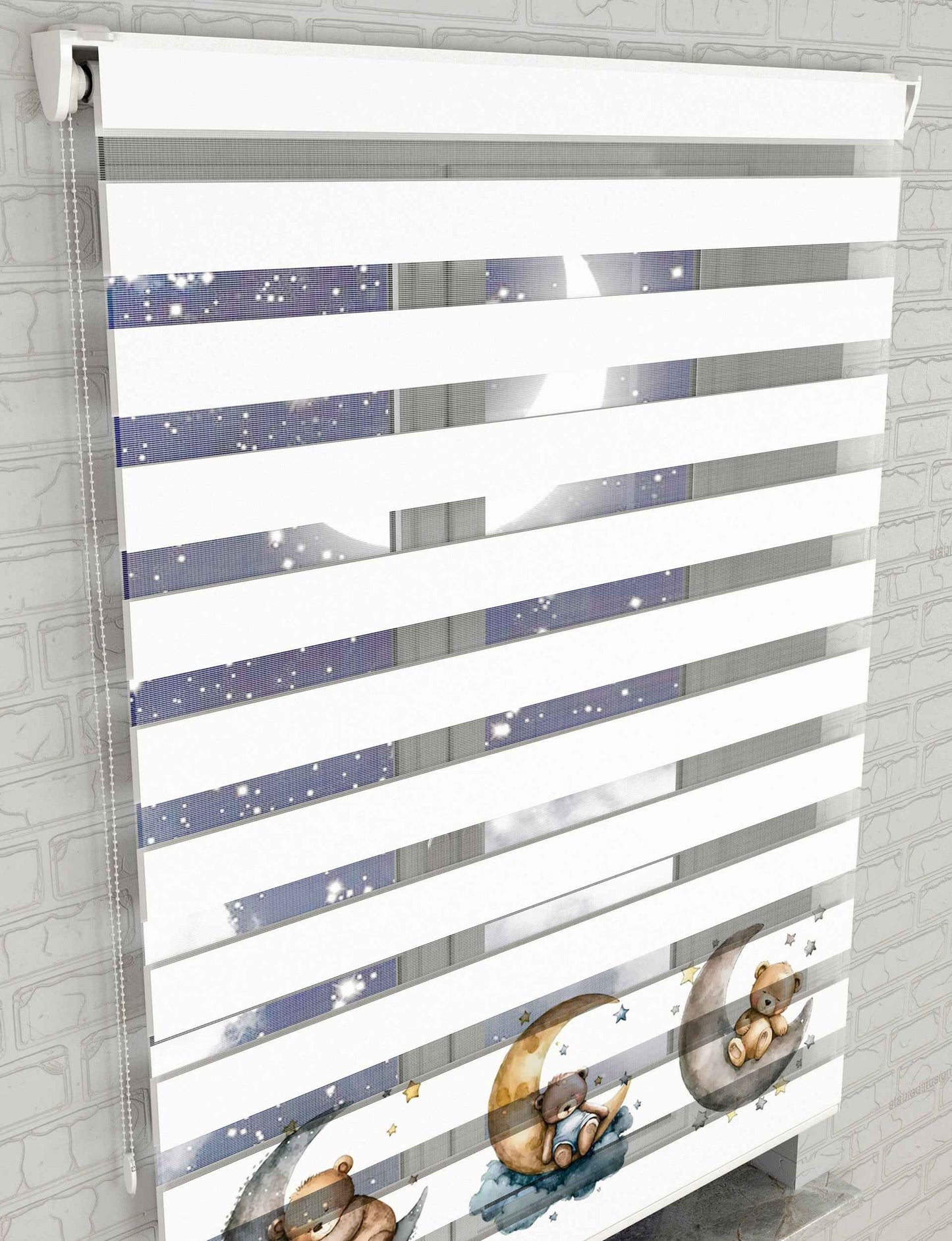 Ay Yıldızlar ve Ayıcıklar Baskılı Zebra Perde - Bebek Odası Perdesi - AD HOME Tekstil