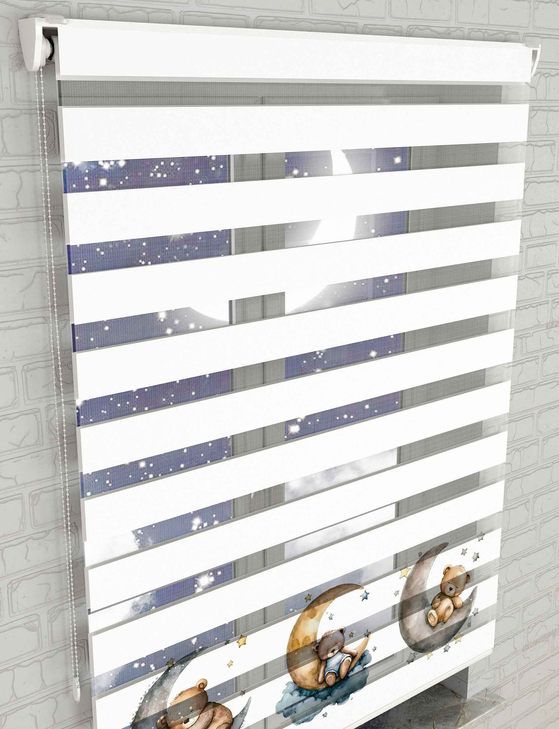 Ay Yıldızlar ve Ayıcıklar Baskılı Zebra Perde - Bebek Odası Perdesi - AD HOME Tekstil