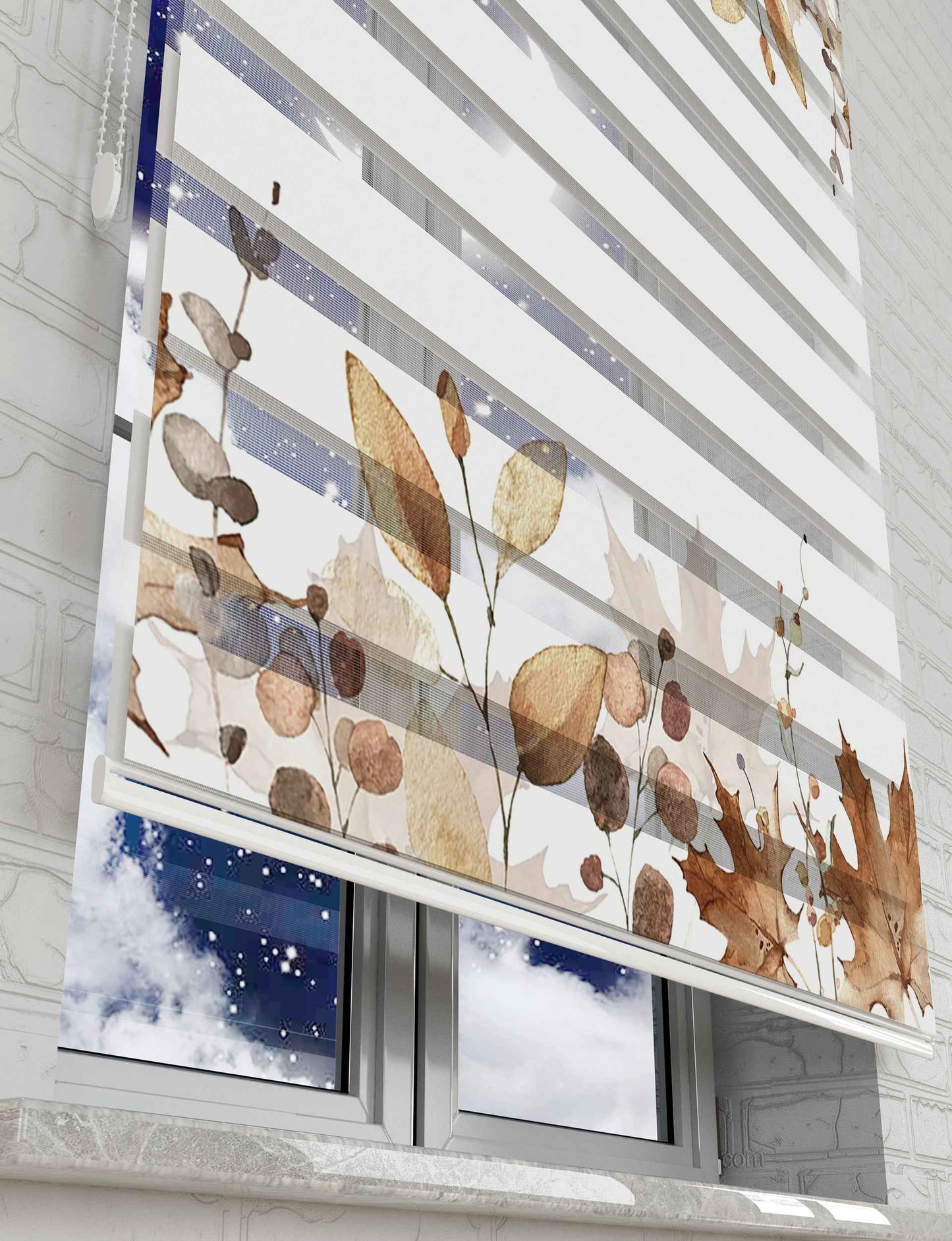 Kahverengi Yapraklar Baskılı Zebra Perde - Salon Perdesi, Mutfak Perdesi - AD HOME Tekstil