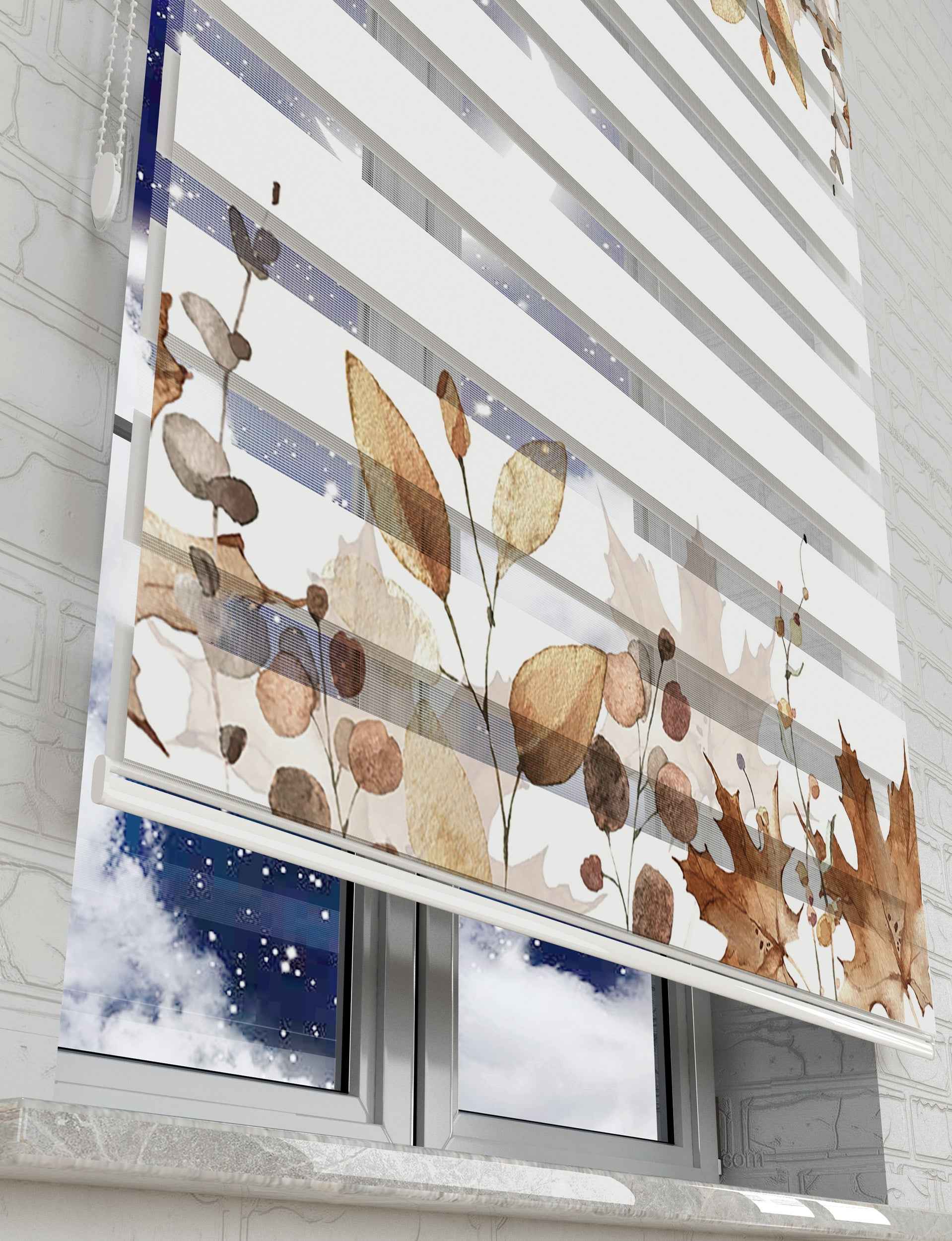 Kahverengi Yapraklar Baskılı Zebra Perde - Salon Perdesi, Mutfak Perdesi - AD HOME Tekstil