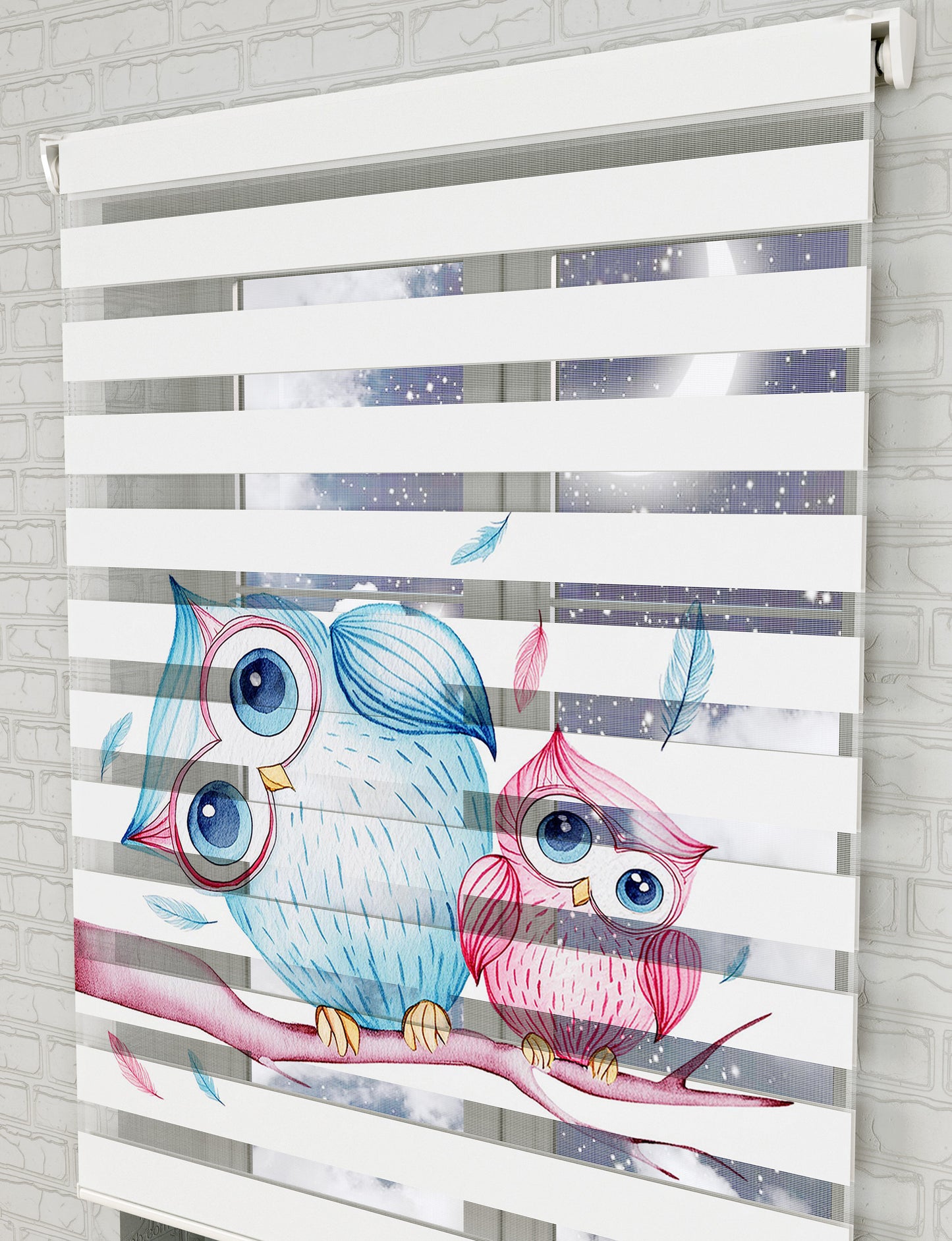 Baykuşlar Vektör Baskılı Zebra Perde - Kız Çocuk Odası Perdesi, Bebek Odası Perdesi - AD HOME Tekstil