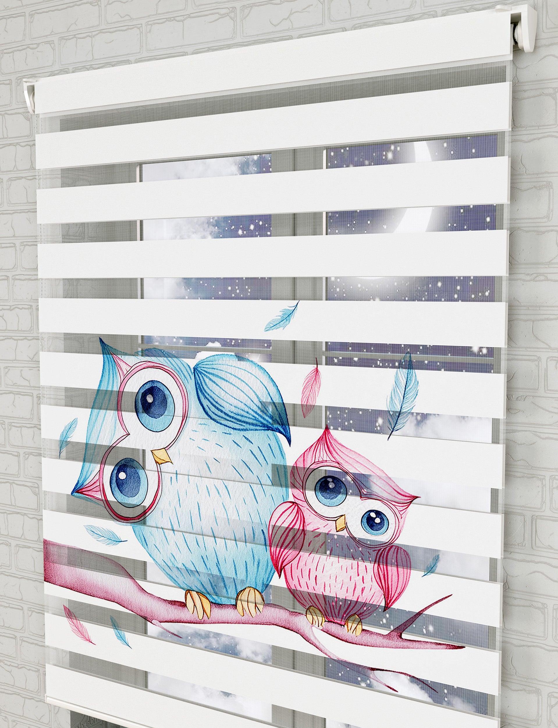 Baykuşlar Vektör Baskılı Zebra Perde - Kız Çocuk Odası Perdesi, Bebek Odası Perdesi - AD HOME Tekstil