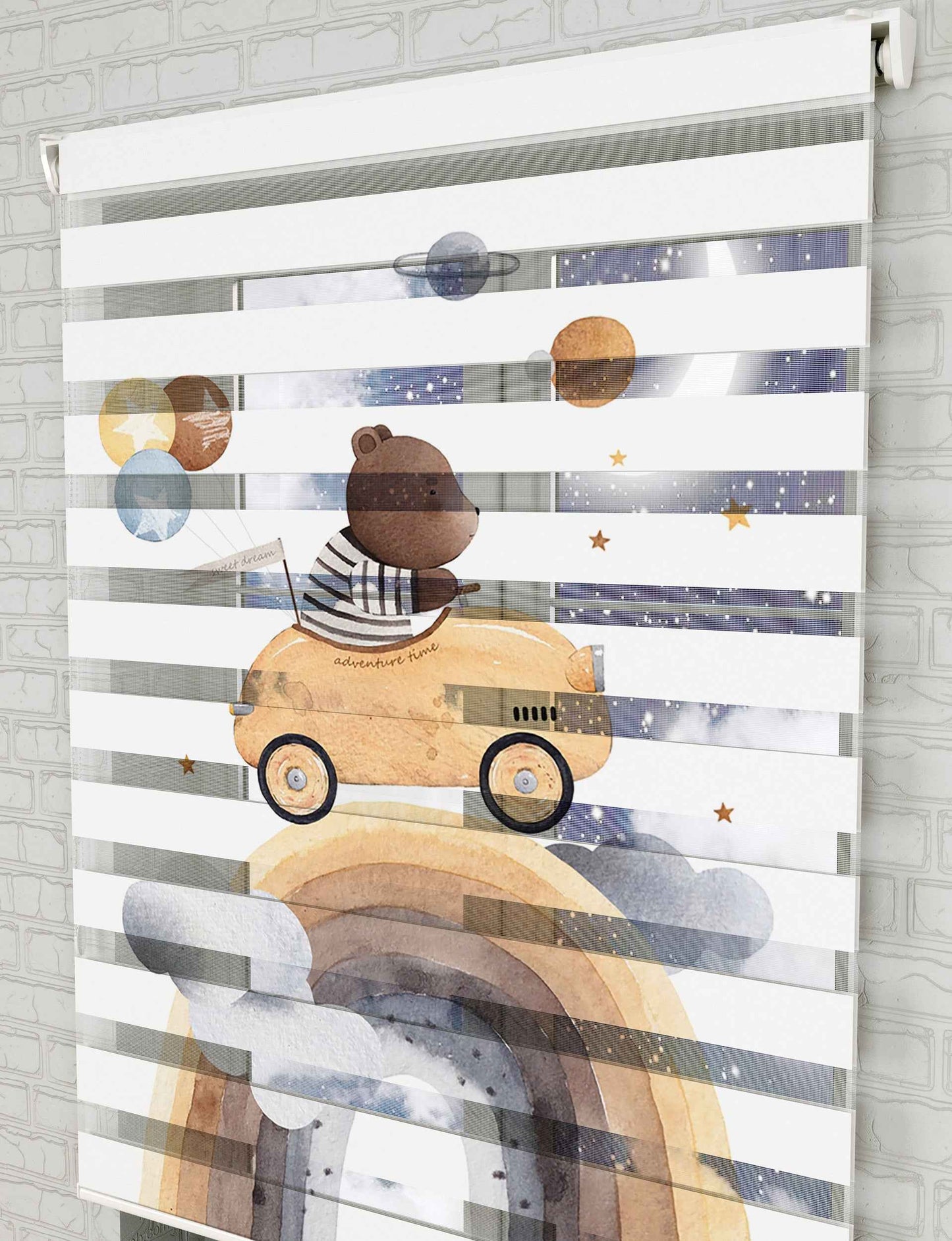 Bulutlar ve Ayıcık Baskılı Zebra Perde - Bebek Odası Perdesi, Erkek Çocuk Odası Perde - AD HOME Tekstil