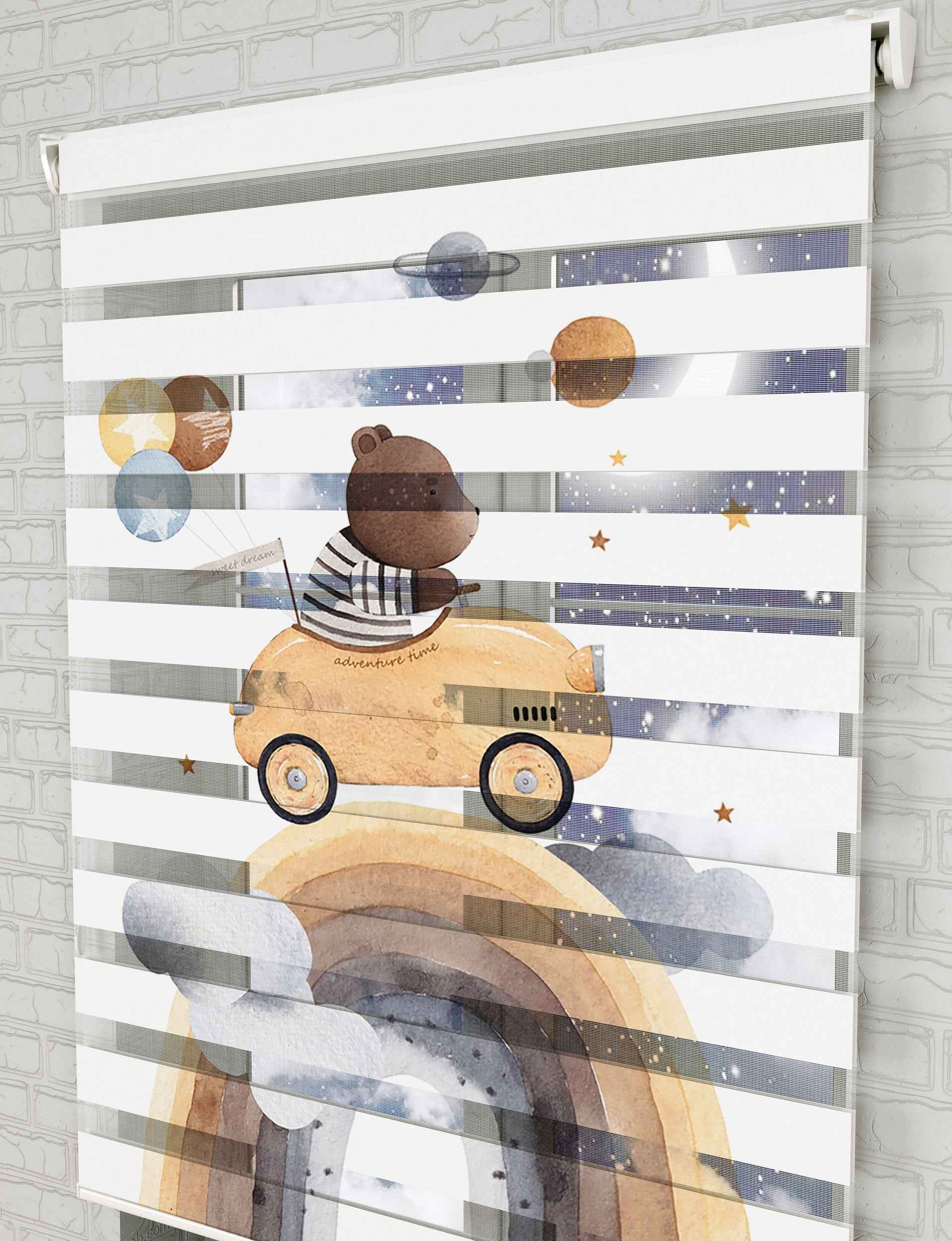 Bulutlar ve Ayıcık Baskılı Zebra Perde - Bebek Odası Perdesi, Erkek Çocuk Odası Perde - AD HOME Tekstil