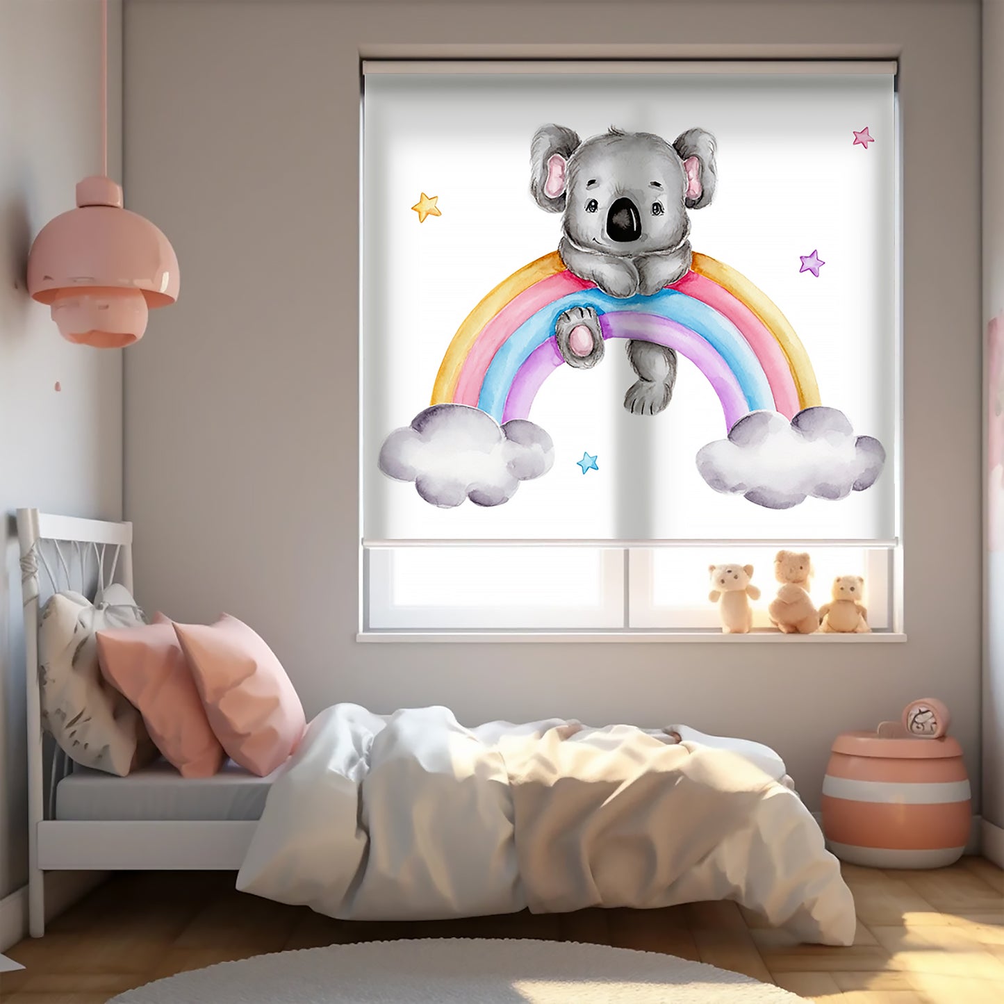 Gökkuşağı ve Sevimli Koala Baskılı Stor Perde - Güneşlik Perdesi - Bebek Odası Perdesi - AD HOME Tekstil