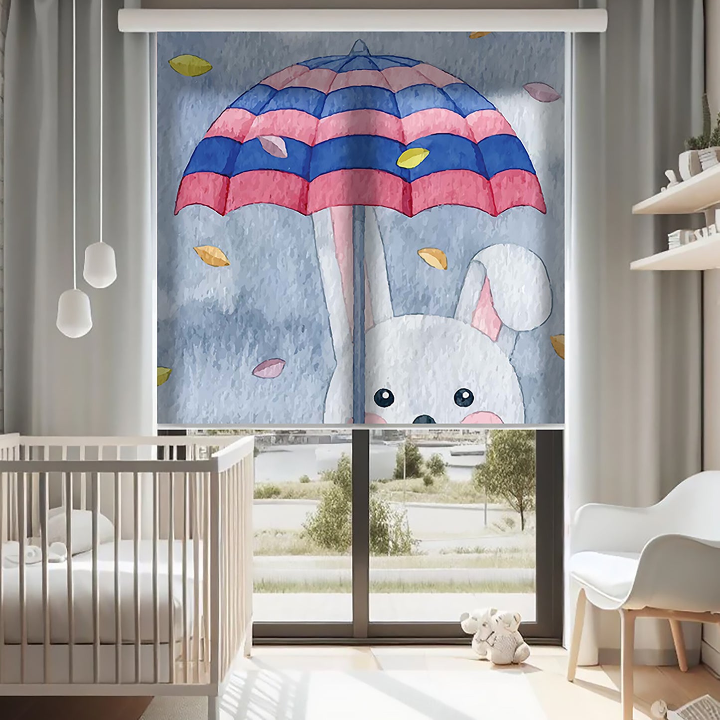 Şemsiye ve Tavşan Baskılı Stor Perde - Baskılı Güneşlik Perdesi - Bebek Odası Perdesi