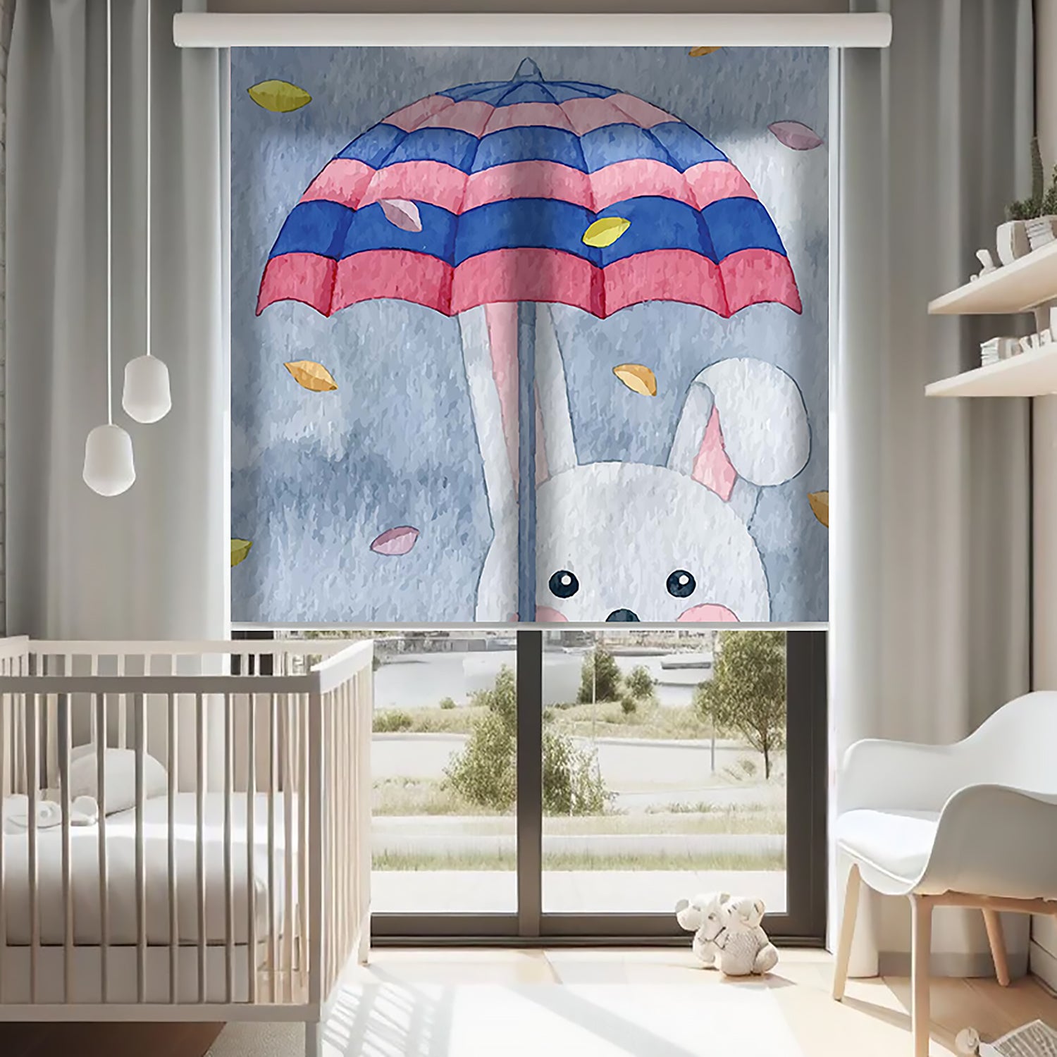 Şemsiye ve Tavşan Baskılı Stor Perde - Baskılı Güneşlik Perdesi - Bebek Odası Perdesi