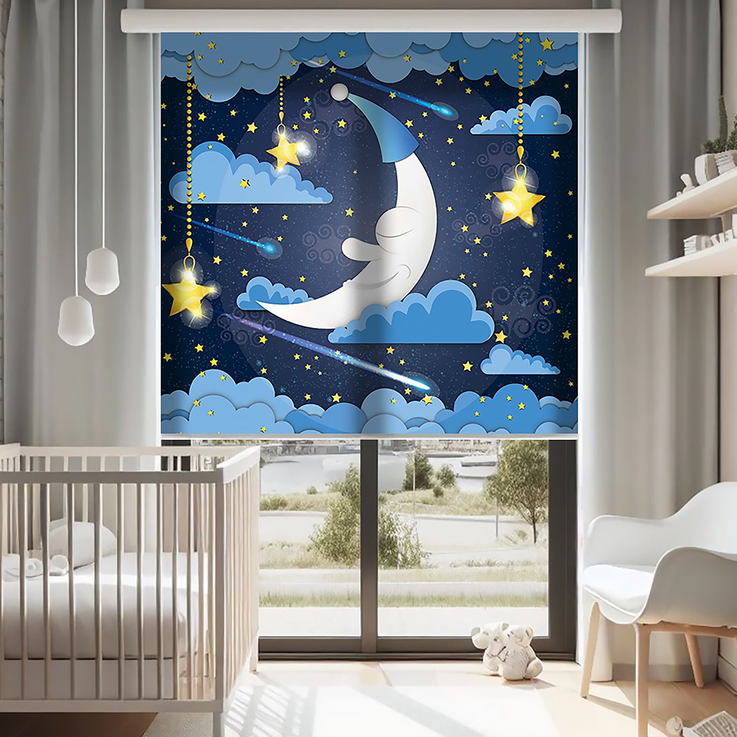 Gece Ay ve Bulutlar Baskılı Stor Perde - Baskılı Güneşlik Perdesi - Bebek Odası Perdesi