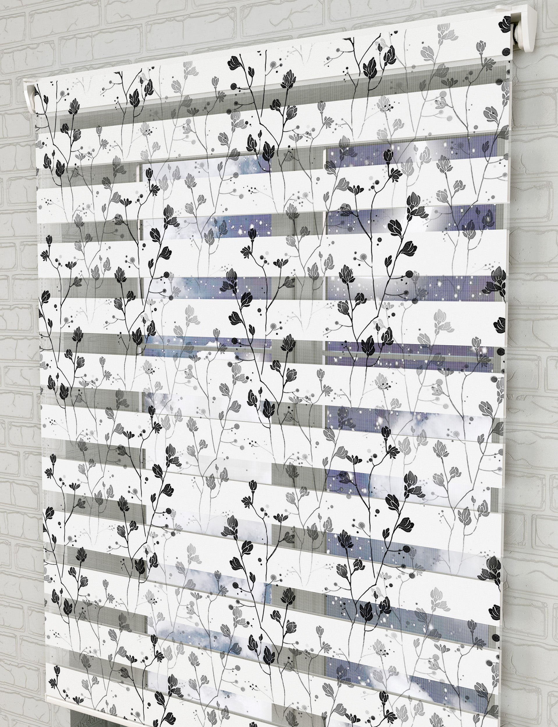 Gri Çiçekler Baskılı Zebra Perde - Mutfak Perdesi, Salon Perdesi, Yatak Odası Perdesi - AD HOME Tekstil
