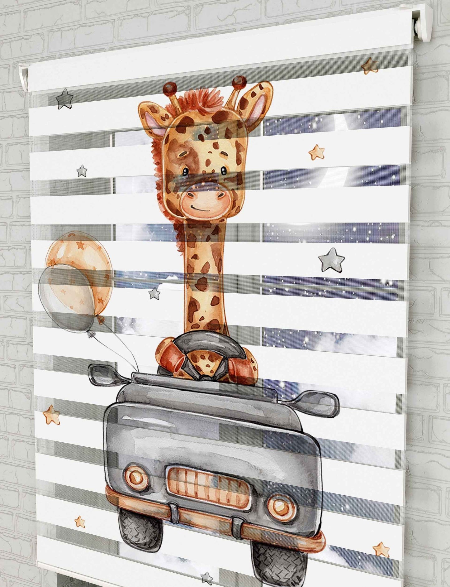 Zürafa ve Araba Baskılı Zebra Perde - Bebek Odası Perdesi - AD HOME Tekstil
