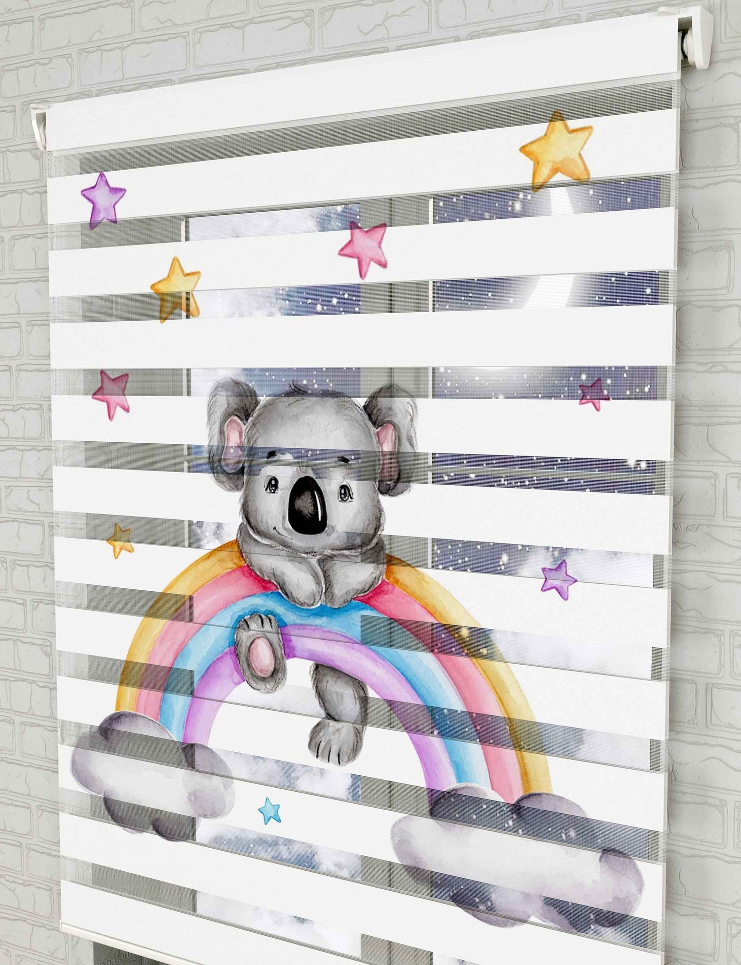 Gökkuşağı ve Sevimli Koala Baskılı Zebra Perde - Bebek Odası Perdesi - AD HOME Tekstil