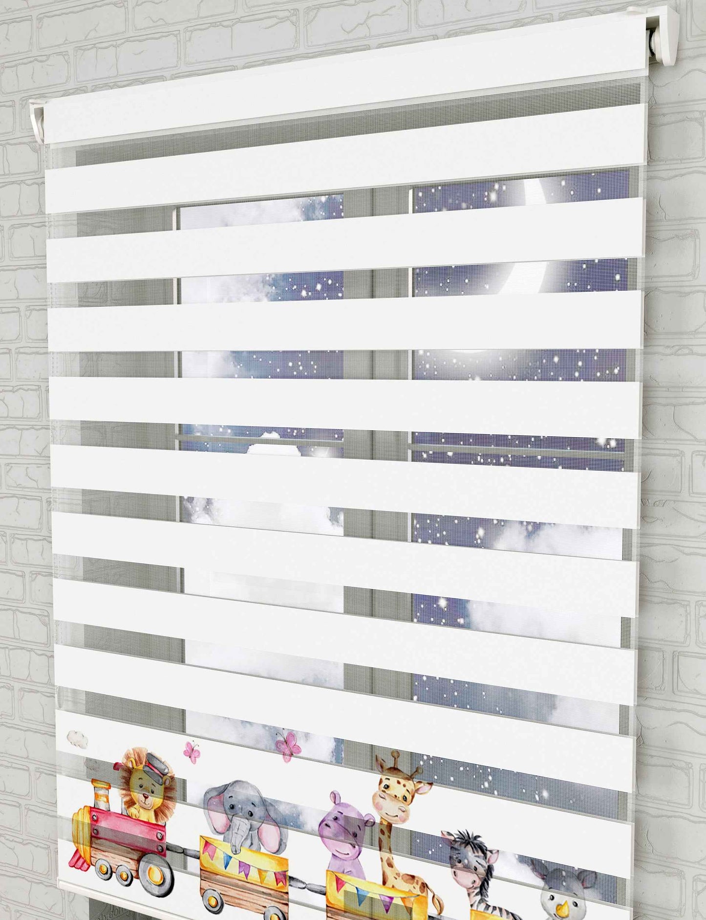 Tren ve Sevimli Hayvanlar Baskılı Zebra Perde - Bebek Odası Perdesi - AD HOME Tekstil