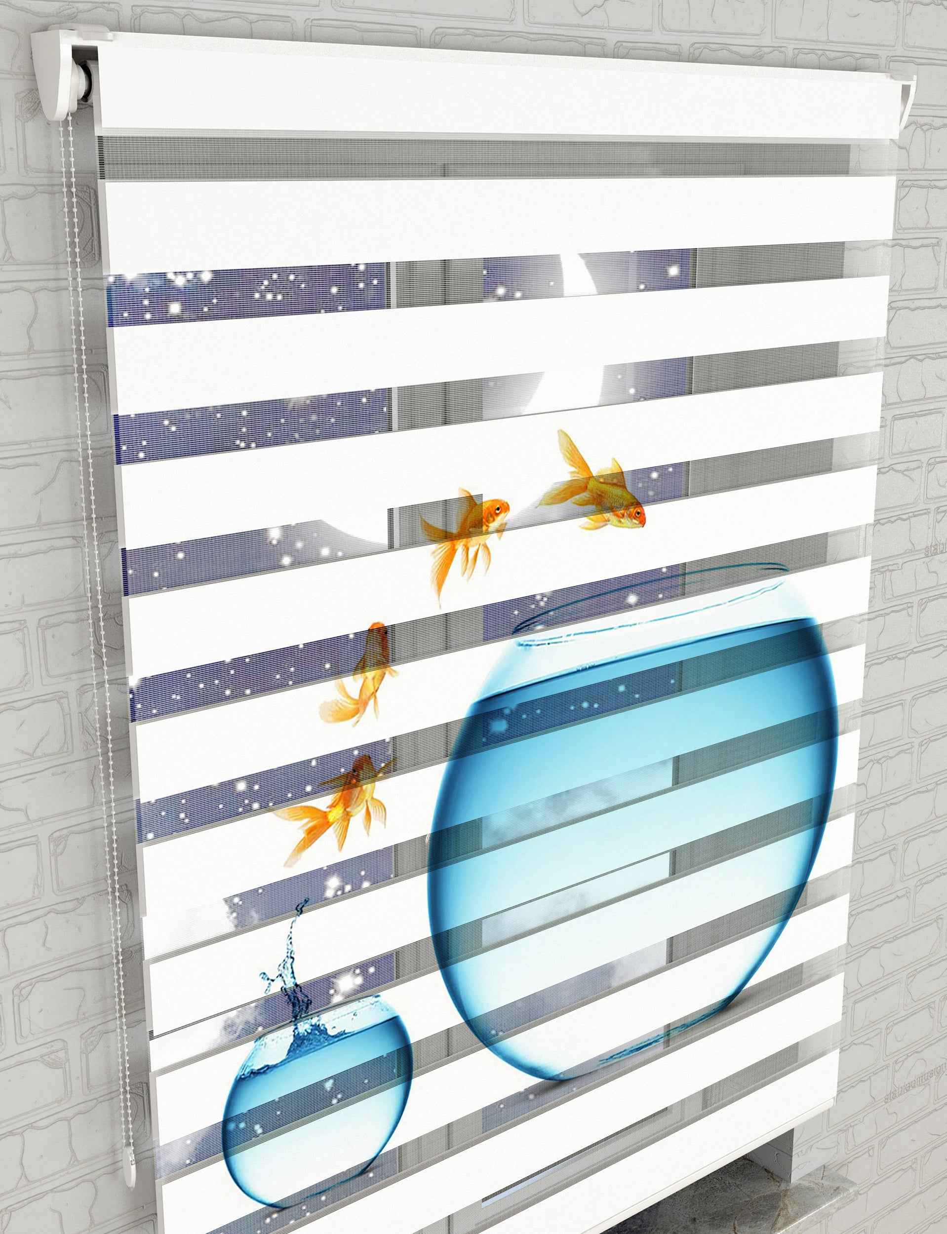 Akvaryum ve Balıklar Baskılı Zebra Perde - Mutfak Perdesi - AD HOME Tekstil