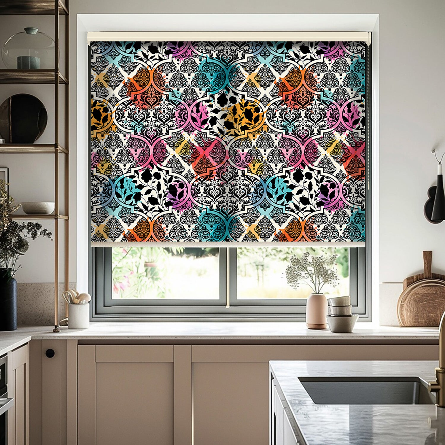 Renkli Damask Baskılı Stor Perde - Baskılı Güneşlik Perdesi - Yatak Odası Perdesi - AD HOME Tekstil