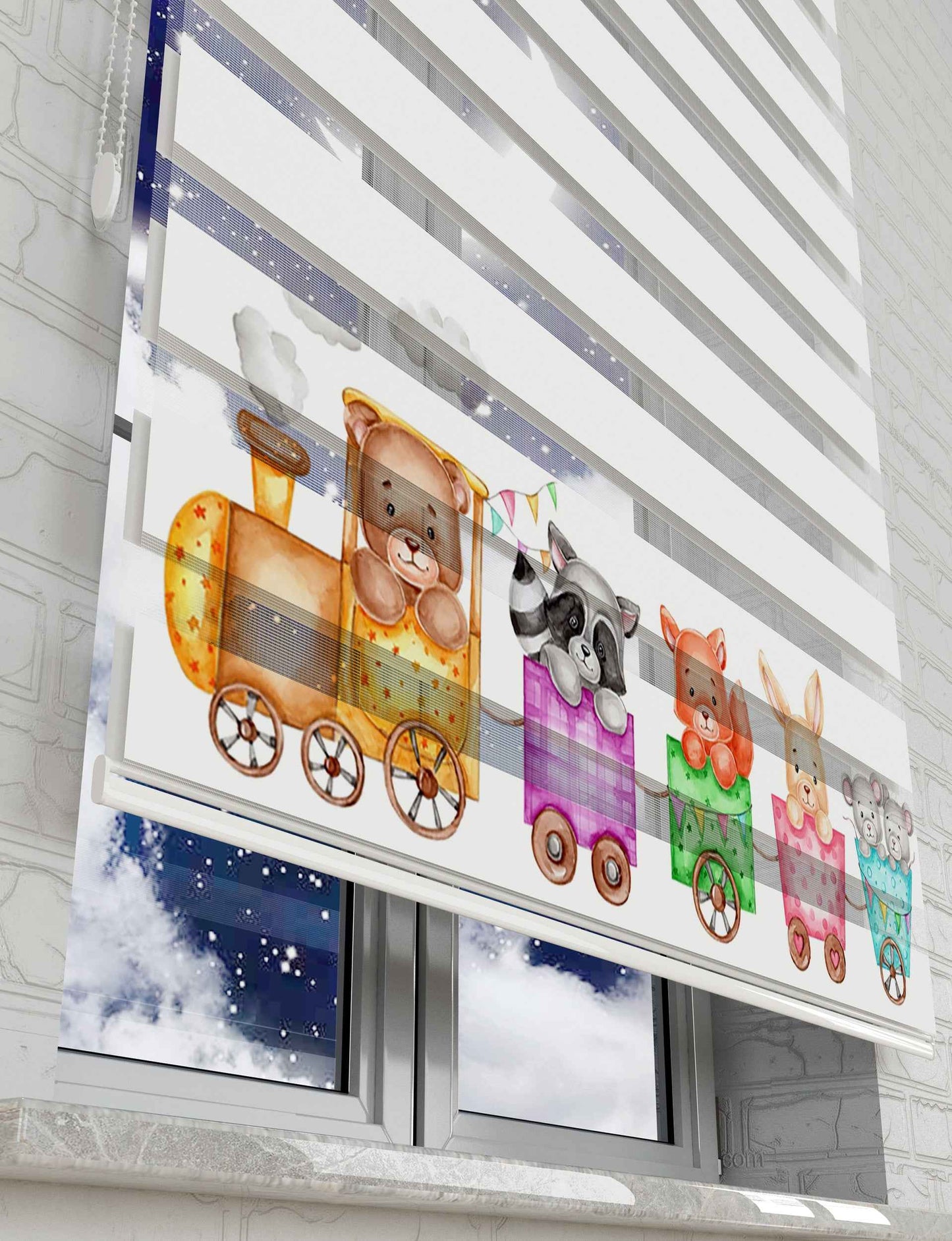 Renkli Tren ve Sevimli Hayvanlar Baskılı Zebra Perde - Bebek Odası Perdesi - AD HOME Tekstil
