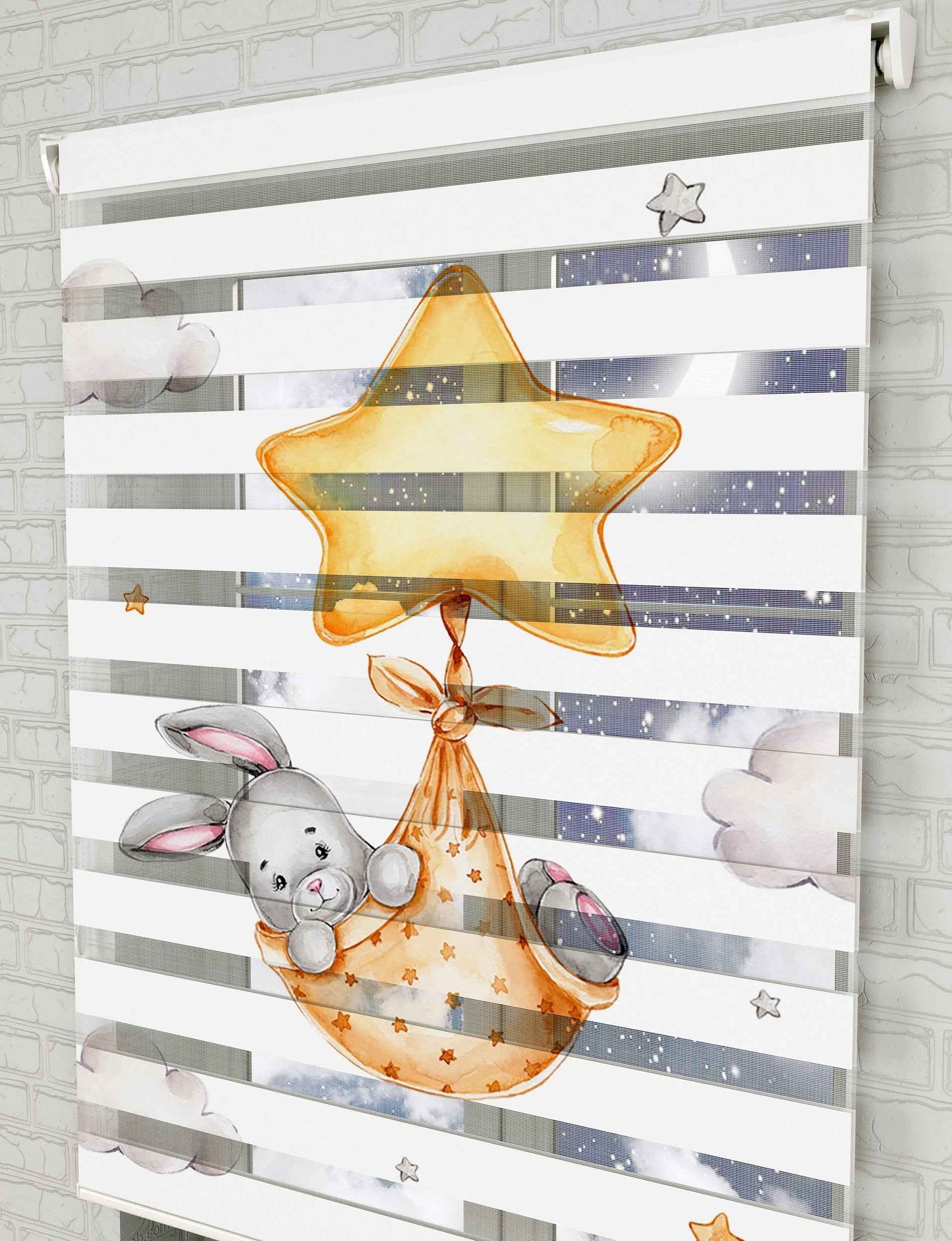 Yıldızlı Sepette Tavşan Baskılı Zebra Perde - Bebek Odası Perdesi - AD HOME Tekstil