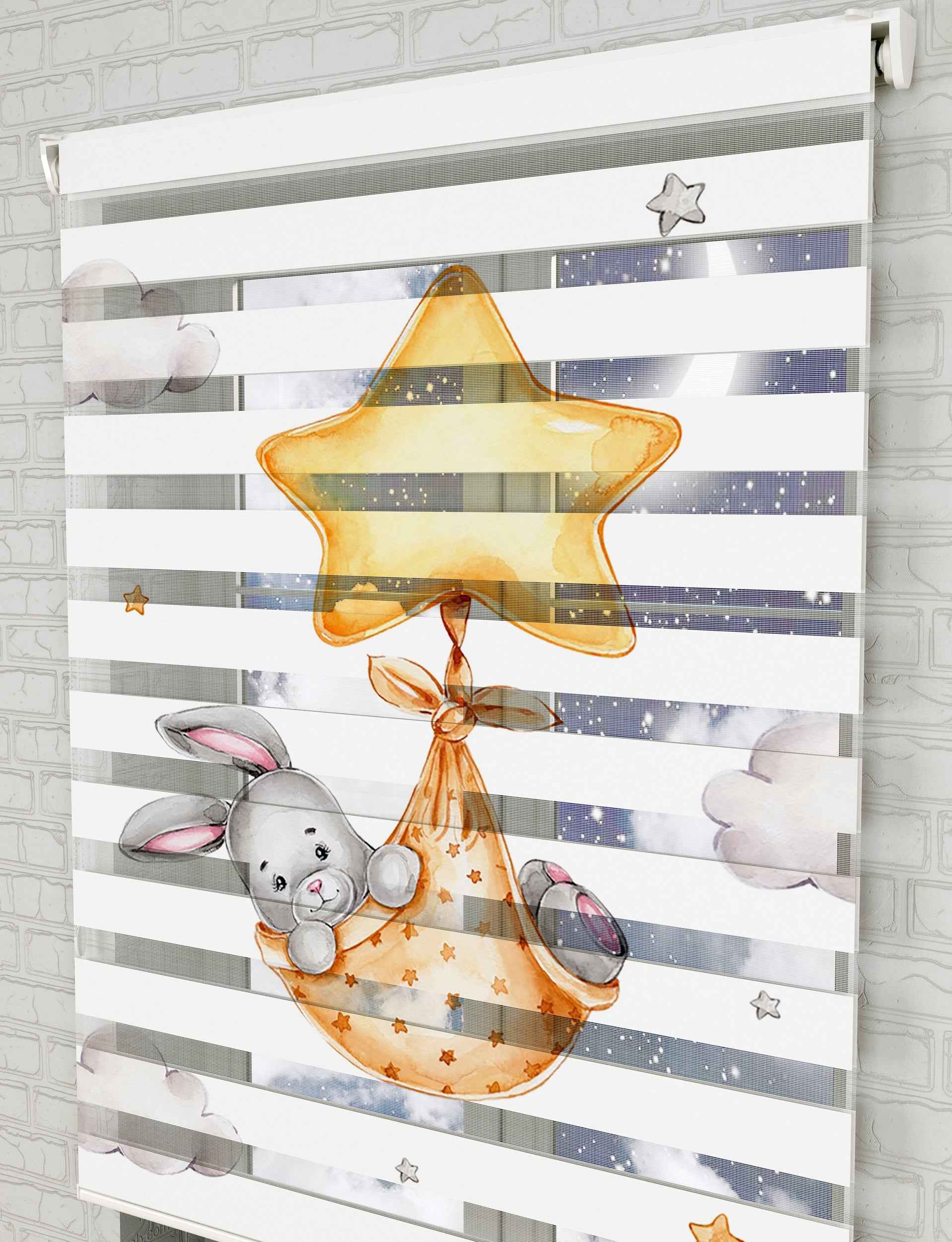 Yıldızlı Sepette Tavşan Baskılı Zebra Perde - Bebek Odası Perdesi - AD HOME Tekstil