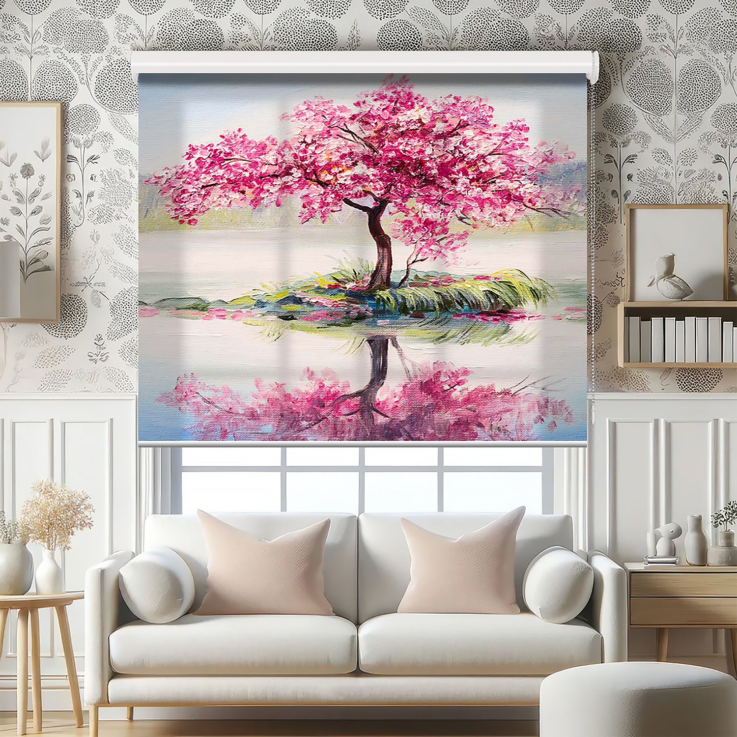 Pembe Ağaç Baskılı Stor Perde - Baskılı Güneşlik Perdesi - Salon Perdesi - AD HOME Tekstil
