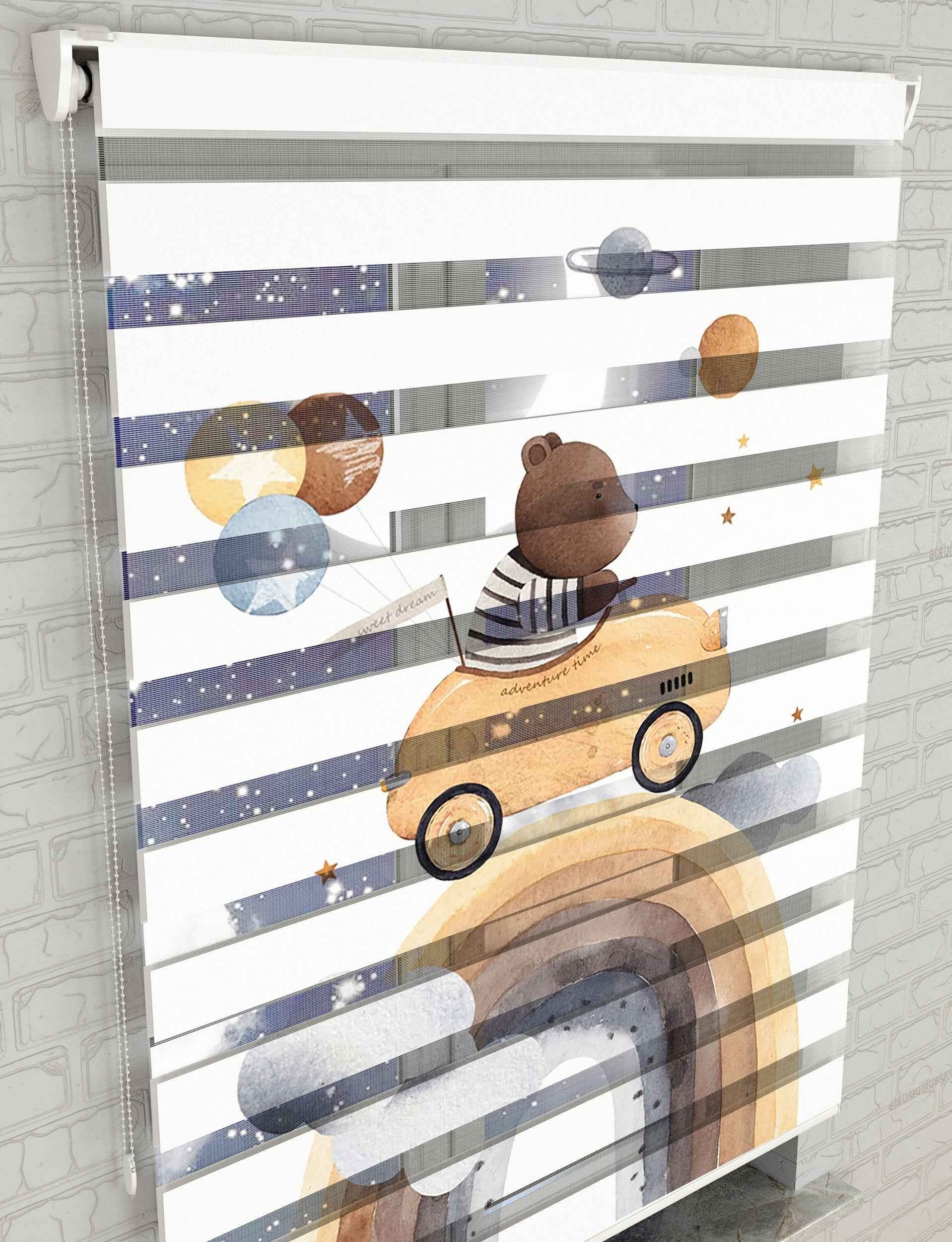Bulutlar ve Ayıcık Baskılı Zebra Perde - Bebek Odası Perdesi, Erkek Çocuk Odası Perde - AD HOME Tekstil
