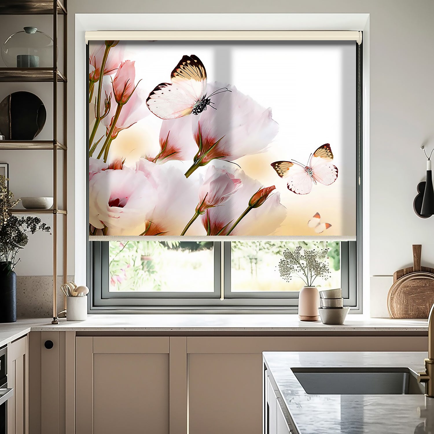 Kelebek ve Çiçekler Baskılı Stor Perde - Baskılı Güneşlik Perdesi - Mutfak Perdesi - AD HOME Tekstil