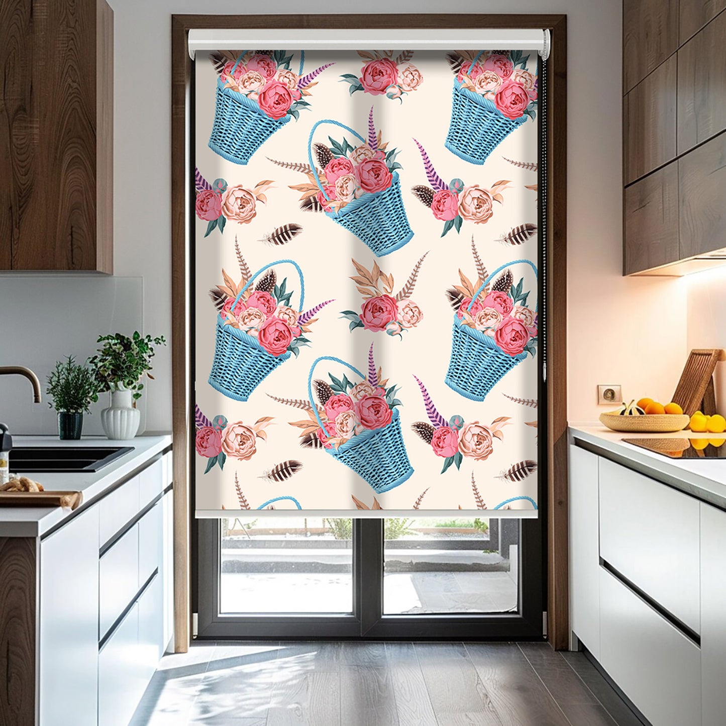 Mavi Sepetdeki Çiçekler Baskılı Stor Perde - Baskılı Güneşlik Perdesi - Mutfak Perdesi - AD HOME Tekstil