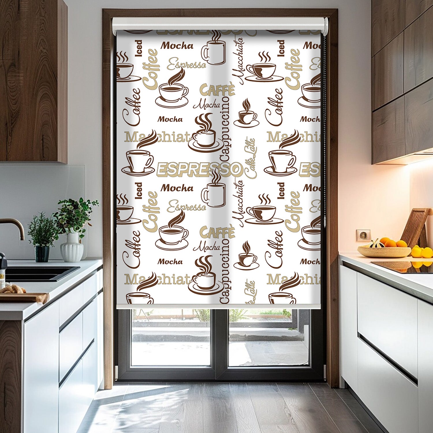Kahve Baskılı Stor Perde - Baskılı Güneşlik Perdesi - Mutfak Perdesi - AD HOME Tekstil