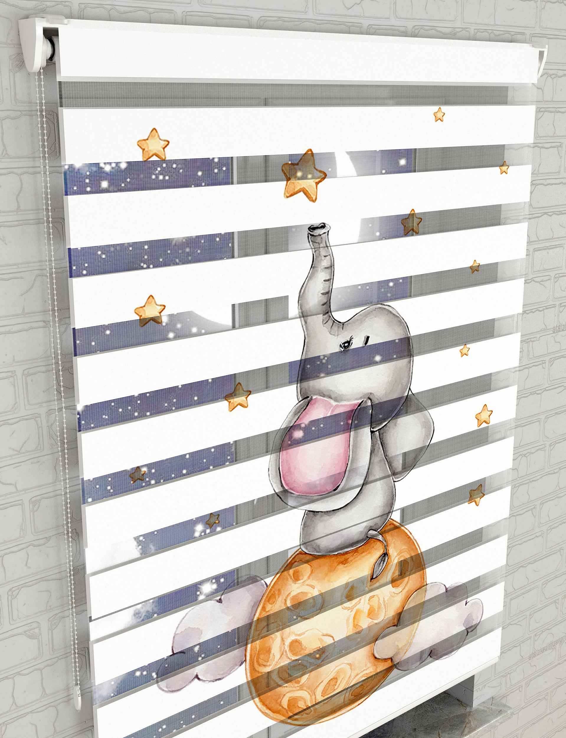 Sevimli Fil ve Yıldızlar Baskılı Zebra Perde - Bebek Odası Perdesi - AD HOME Tekstil