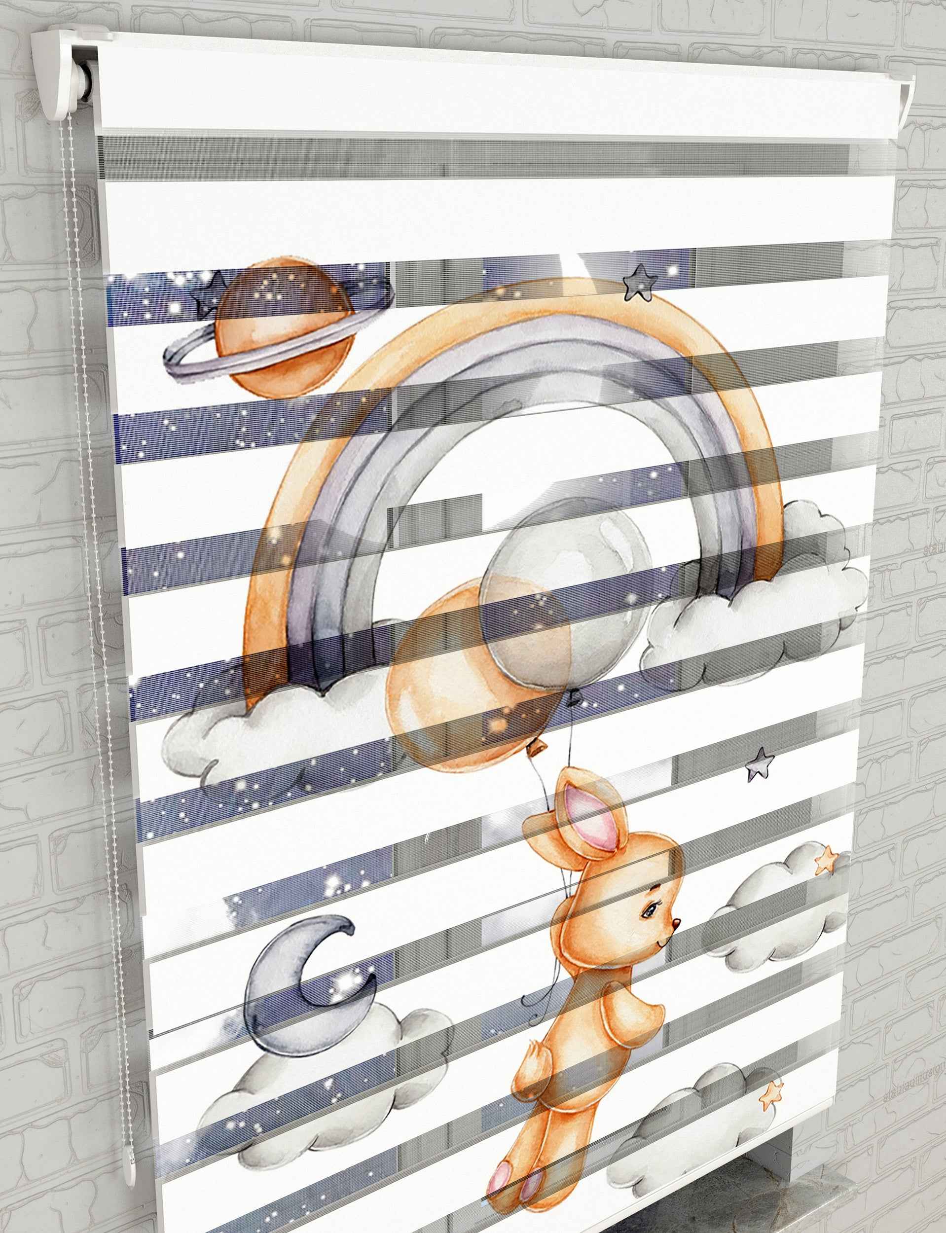 Sevimli Tavşan Baskılı Zebra Perde - Bebek Odası Perdesi, Kız Çocuk Odası Perdesi - AD HOME Tekstil