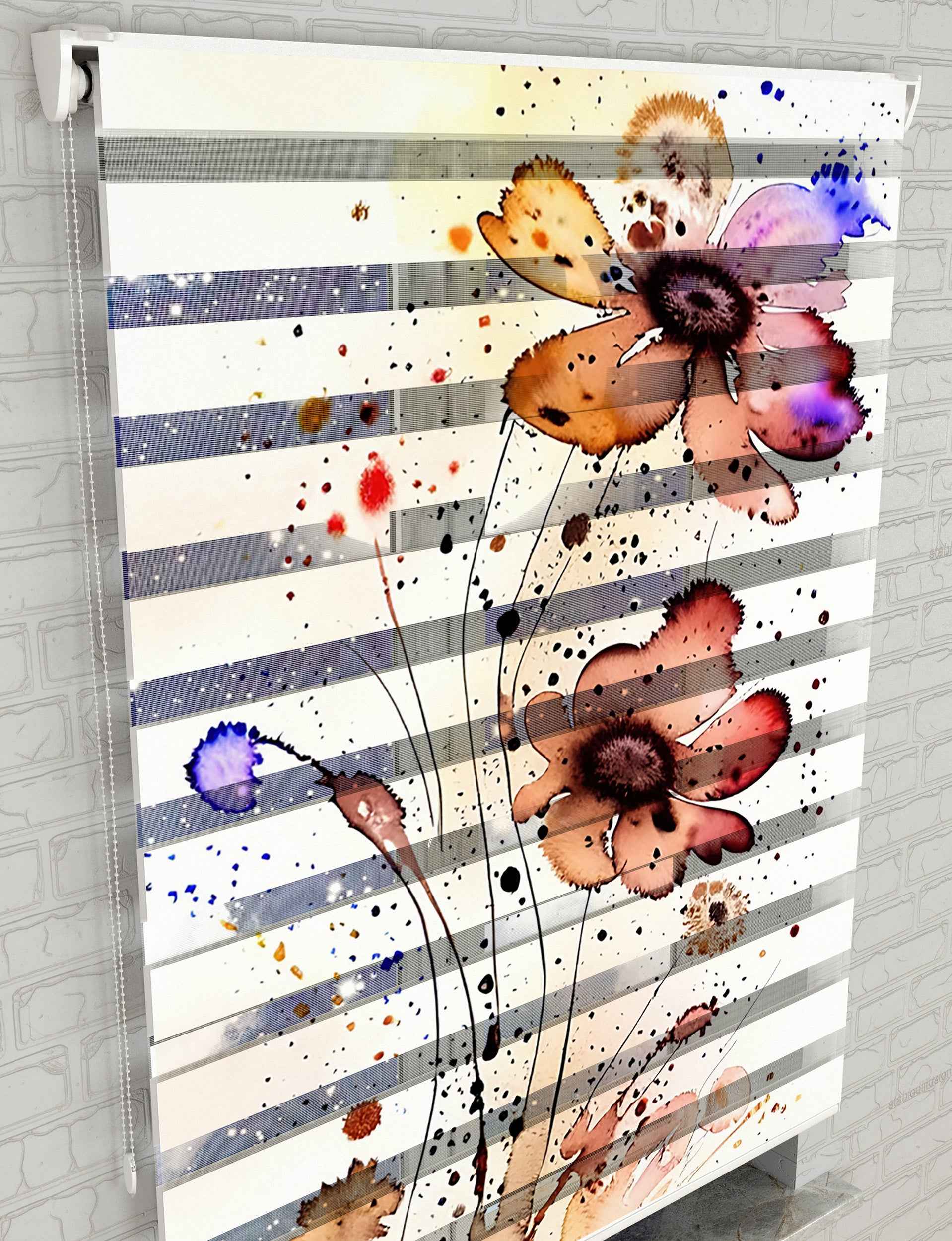 Suluboya Renkli Çiçekler Baskılı Zebra Perde - Salon Perdesi, Mutfak Perdesi - AD HOME Tekstil