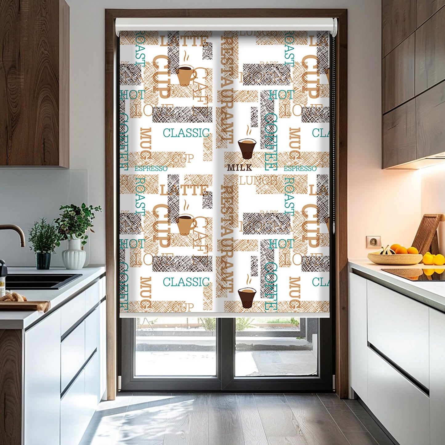 Kahve Baskılı Stor Perde - Baskılı Güneşlik Perdesi - Mutfak Perdesi - AD HOME Tekstil