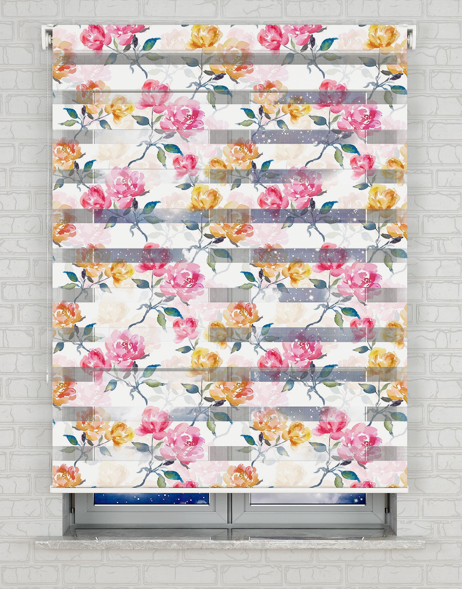 Pembe Sarı Güller Suluboya Baskılı Zebra Perde - Mutfak Perdesi, Salon Perdesi - AD HOME Tekstil