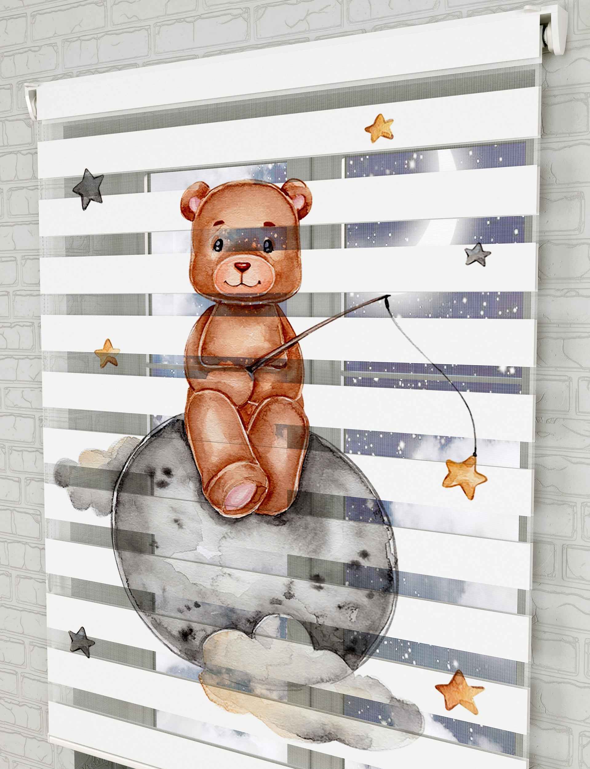 Ayın üstünde Sevimli Ayıcık Baskılı Zebra Perde - Bebek Odası Perdesi - AD HOME Tekstil