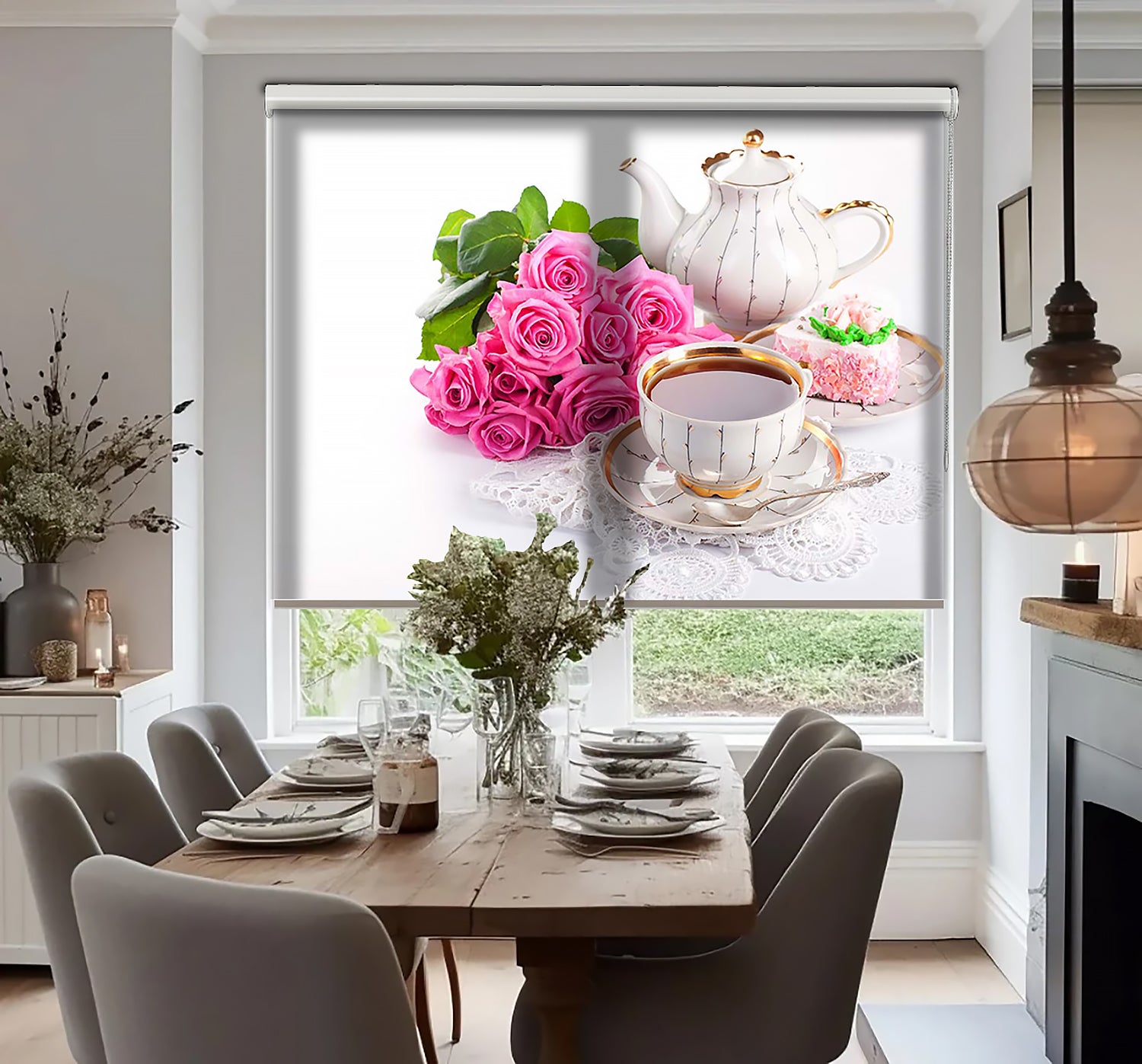 Pembe Gül ve Fincan Baskılı Stor Perde - Baskılı Güneşlik Perdesi - Mutfak Perdesi - AD HOME Tekstil