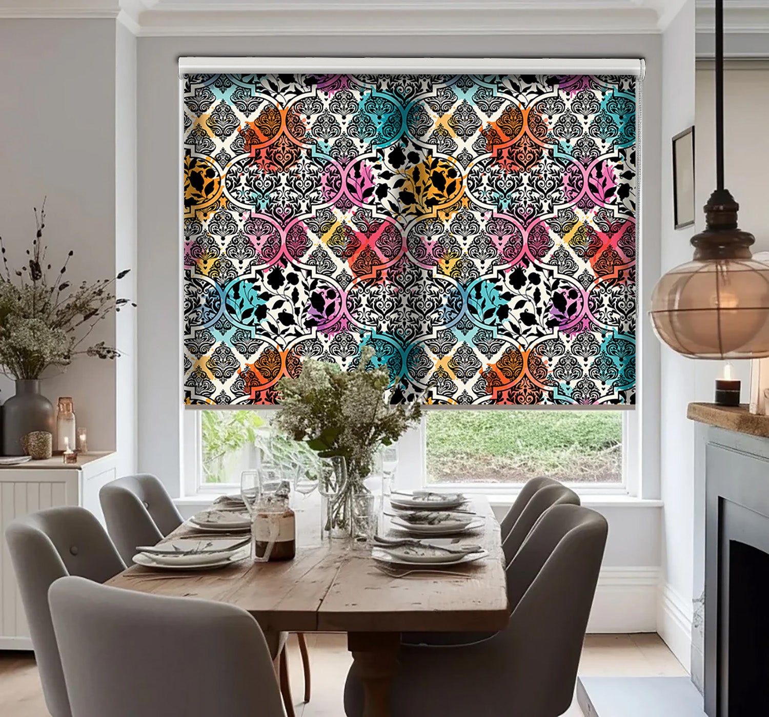 Renkli Damask Baskılı Stor Perde - Baskılı Güneşlik Perdesi - Yatak Odası Perdesi - AD HOME Tekstil
