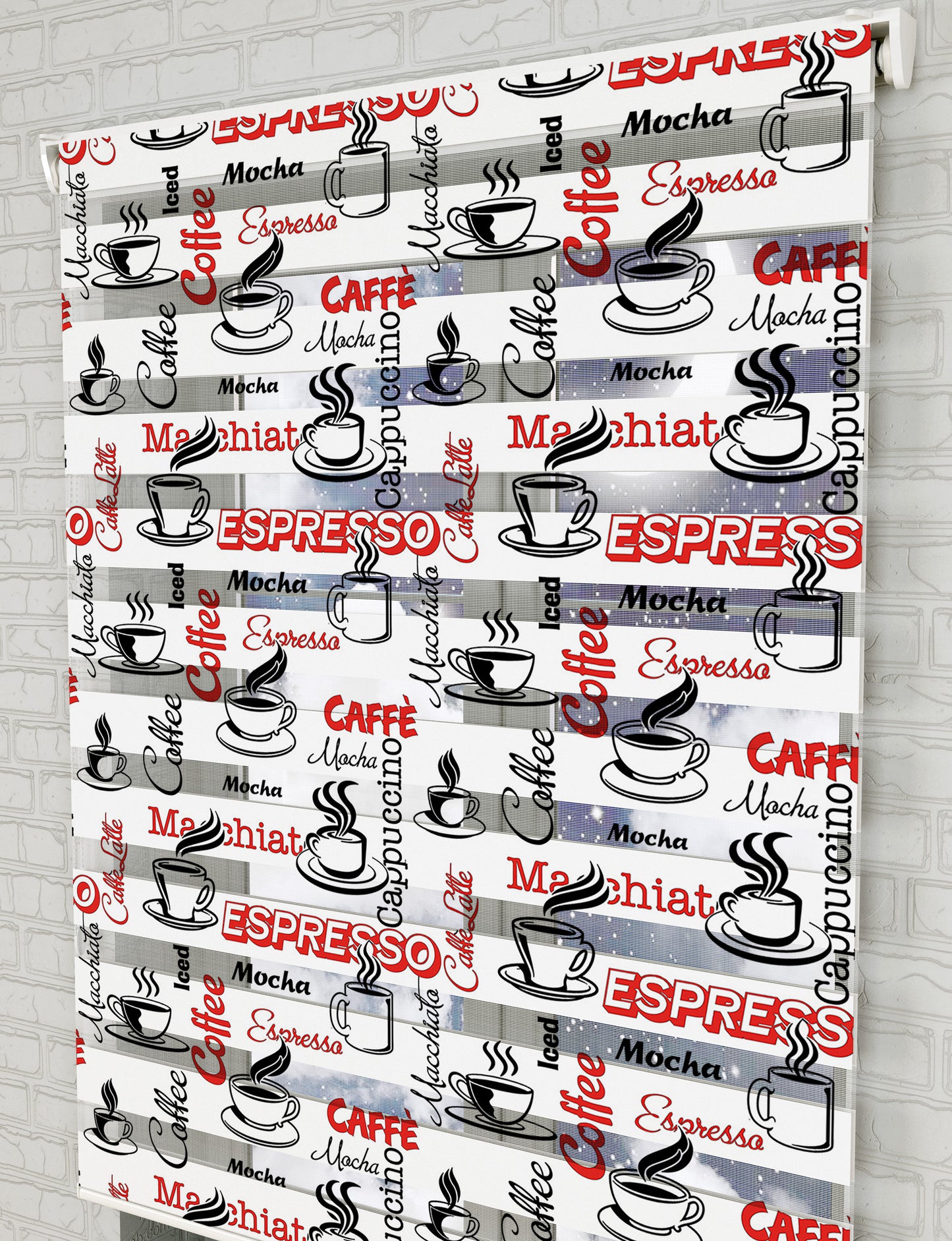 Coffee - Kahve Siyah Kırmızı Baskılı Zebra Perde - Mutfak Perdesi - AD HOME Tekstil