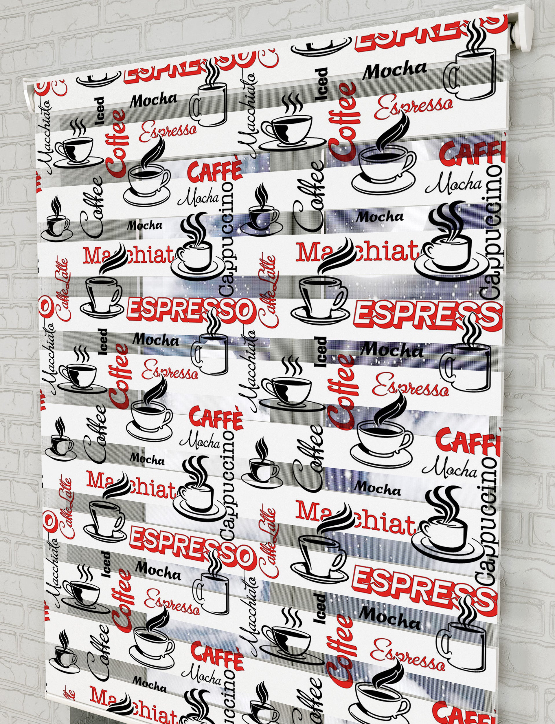 Coffee - Kahve Siyah Kırmızı Baskılı Zebra Perde - Mutfak Perdesi - AD HOME Tekstil