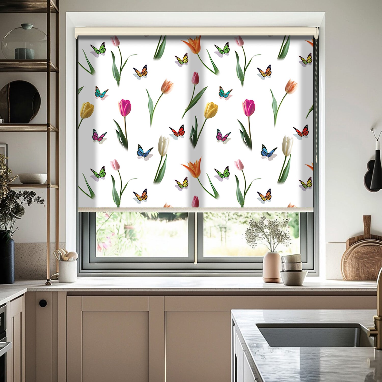 Lale ve Kelebekler Baskılı Stor Perde - Baskılı Güneşlik Perdesi - Salon Perdesi - AD HOME Tekstil