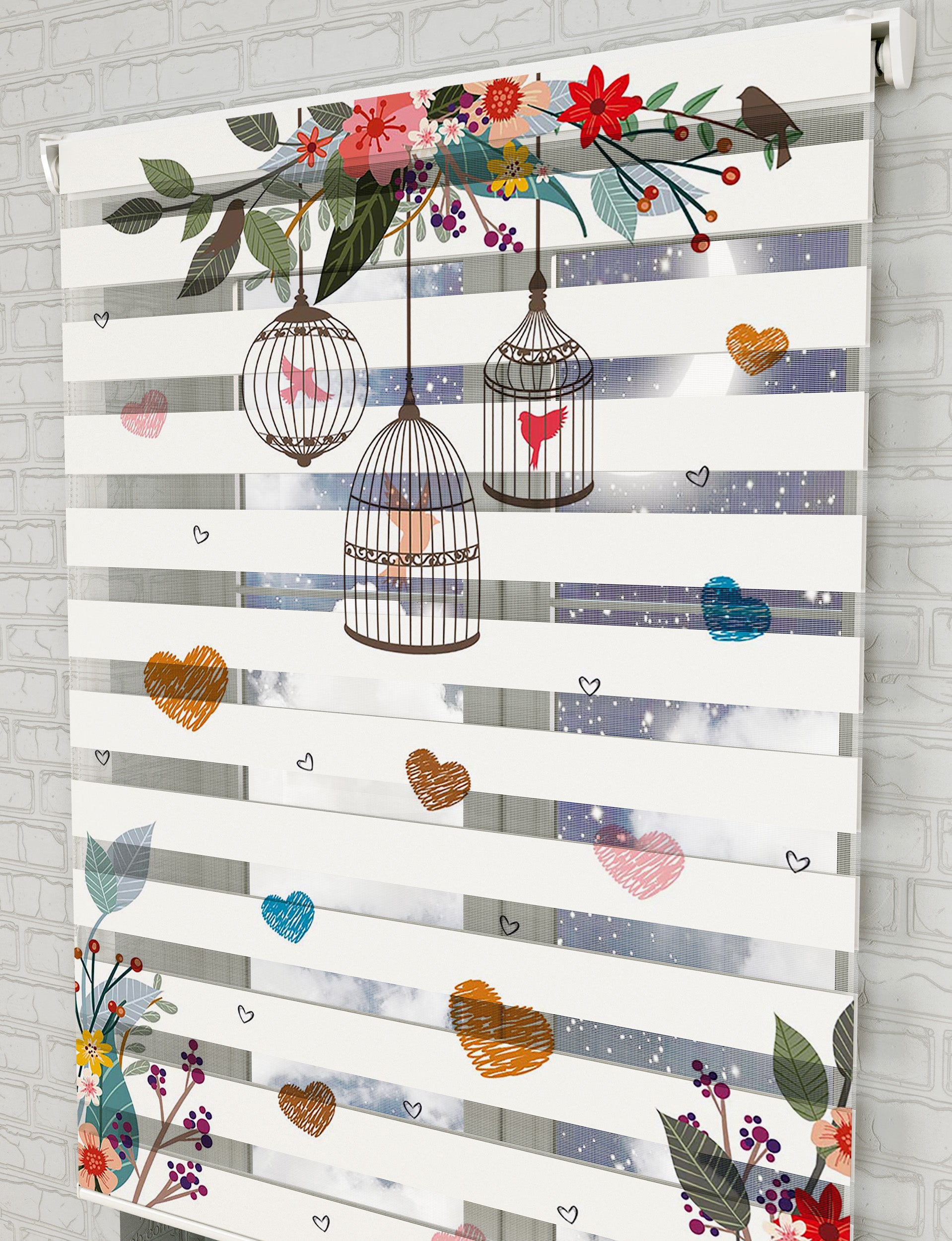 Kafesteki Kuş Baskılı Zebra Perde -Salon Mutfak Perdesi - AD HOME Tekstil