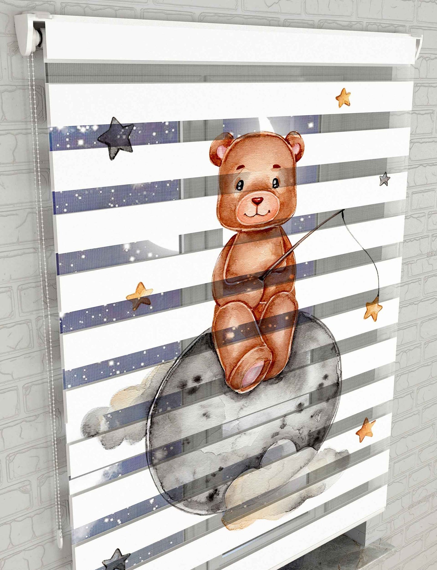 Ayın üstünde Sevimli Ayıcık Baskılı Zebra Perde - Bebek Odası Perdesi - AD HOME Tekstil
