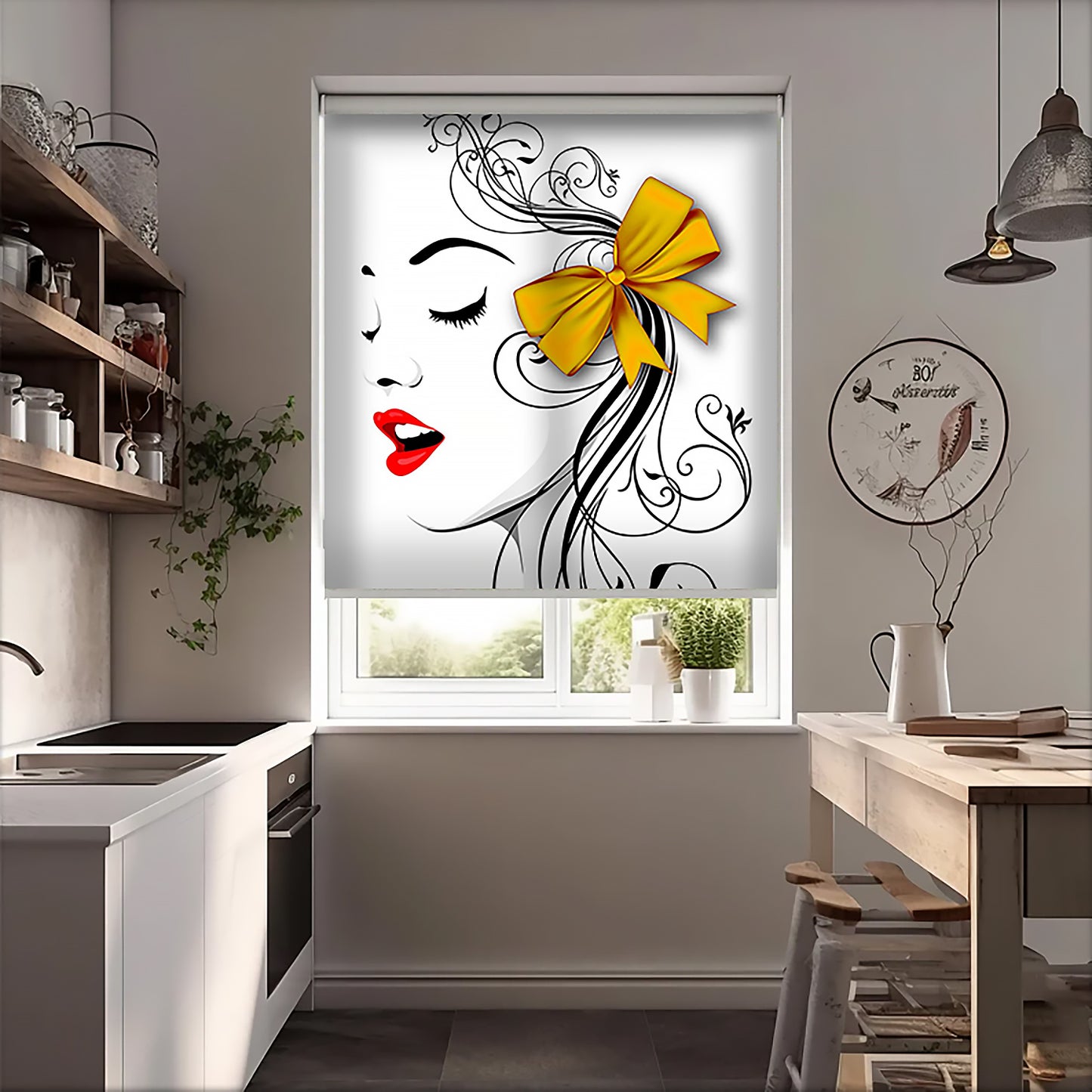 Sarı Tokalı Vector Baskılı Stor Perde - Güneşlik Perdesi - Genç Odası Perdesi