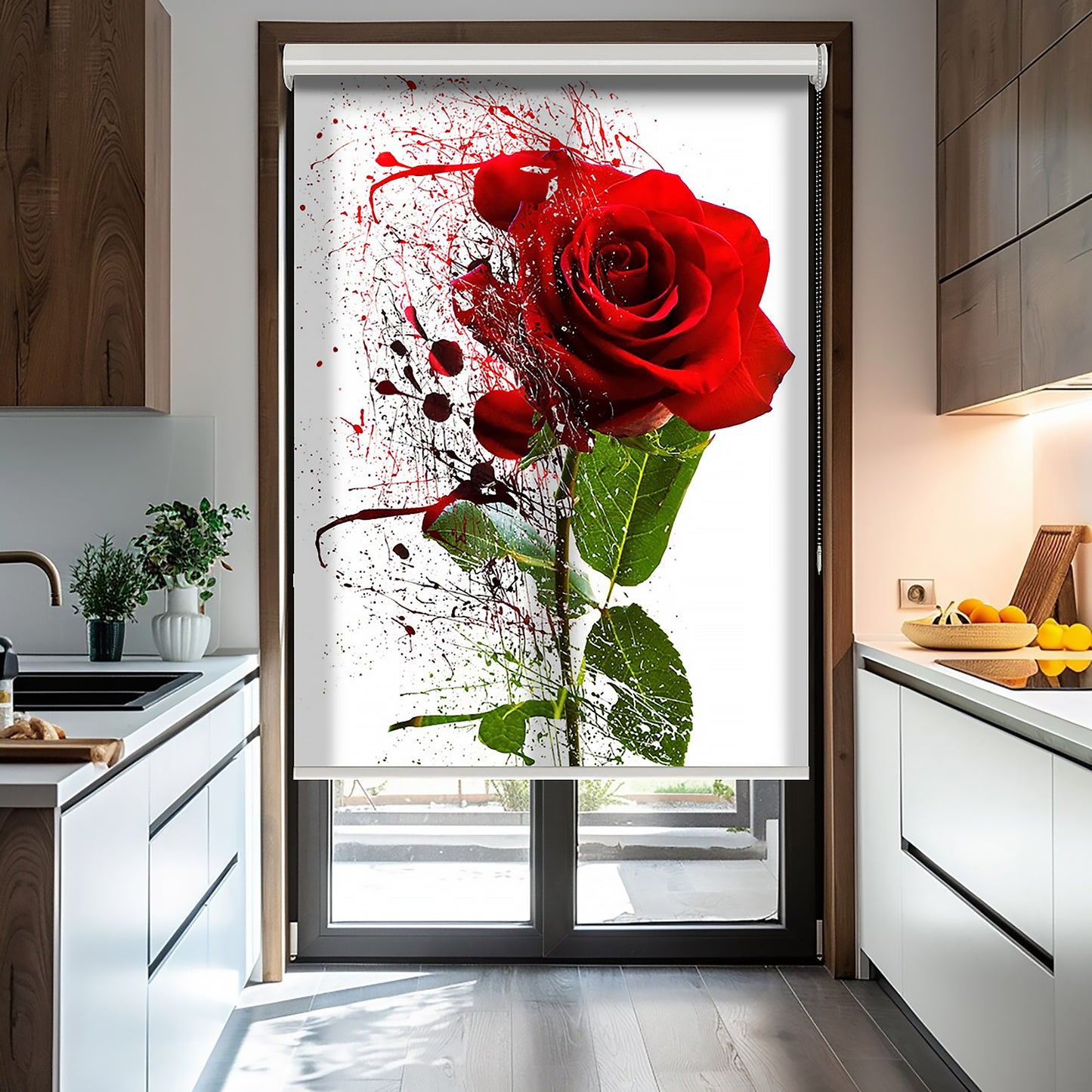 Kırmızı Gül Baskılı Stor Perde - Baskılı Güneşlik Perdesi - Mutfak Perdesi - AD HOME Tekstil