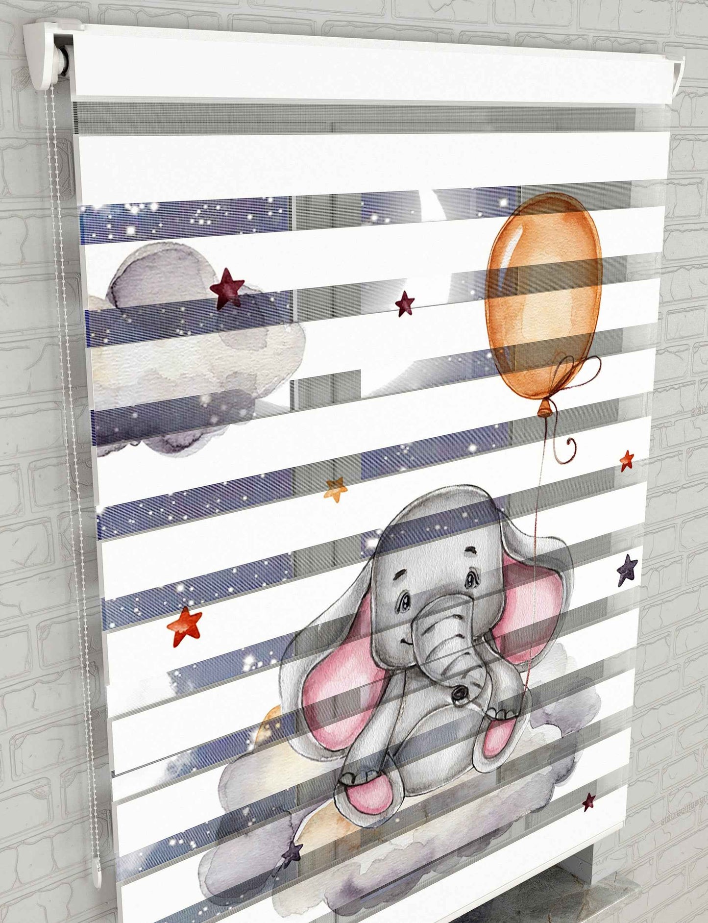 Gri bulutlar ve Sevimli Fil Baskılı Zebra Perde - Bebek Odası Perdesi - AD HOME Tekstil