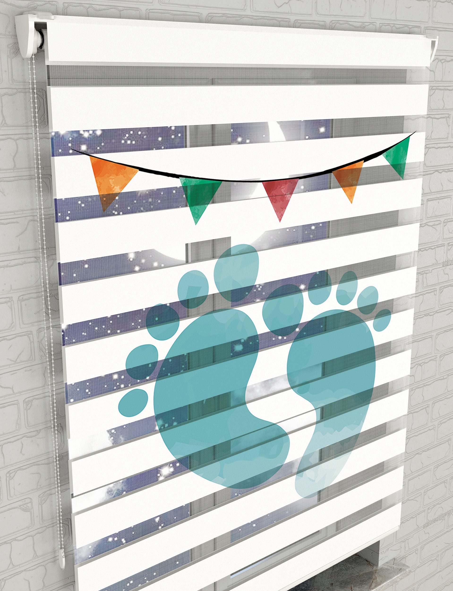 Mavi Ayak İzi Baskılı Zebra Perde - Erkek Çocuk Odası Perdesi, Bebek Odası Perdesi - AD HOME Tekstil