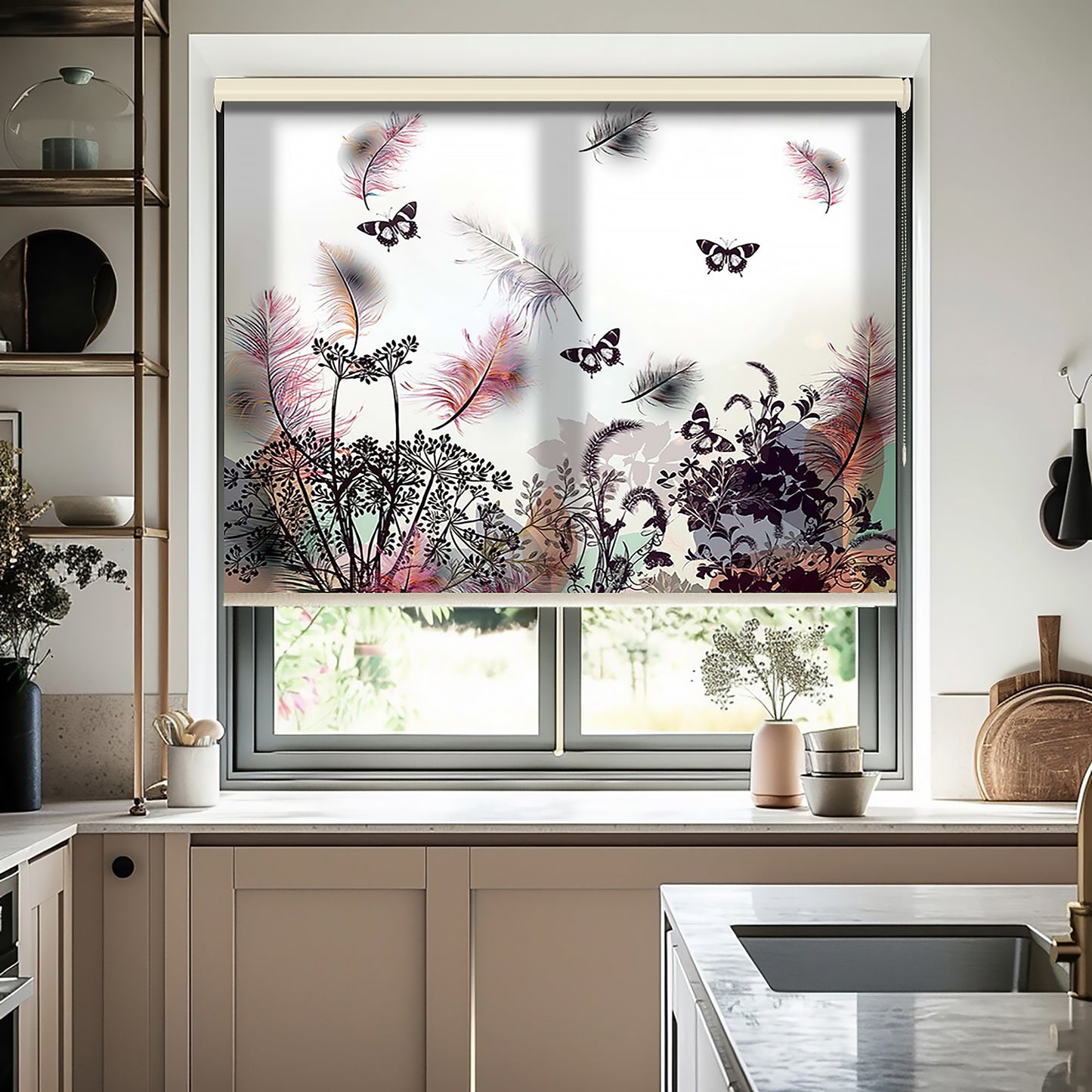 Kelebekler ve Çiçekler Baskılı Stor Perde - Baskılı Güneşlik Perdesi - Salon Perdesi - AD HOME Tekstil